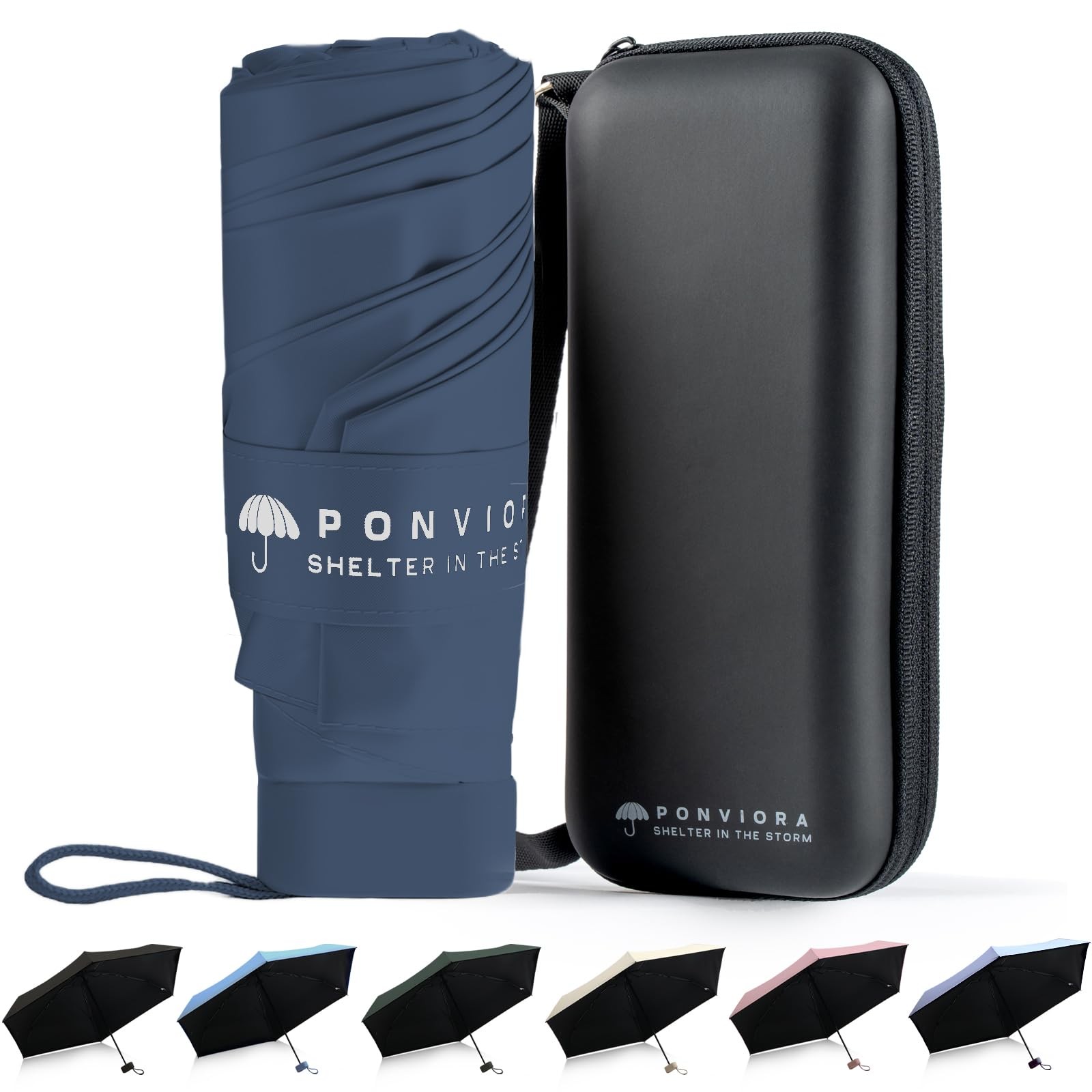 Ponviora UPF 50+ Mini Travel Umbrella for Purse with Compact, BY-Navy Blue