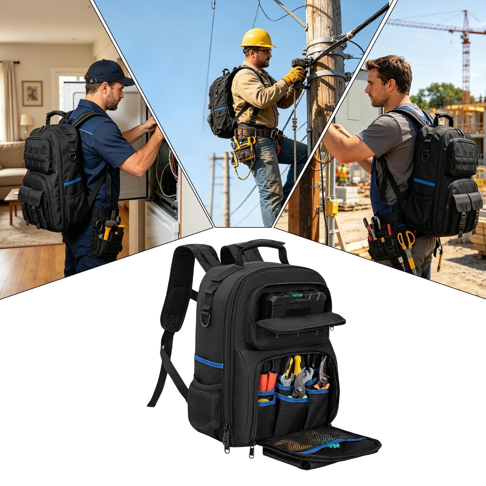 Heavy Duty Tool Backpack for Men – Multi-Pocket Work Bag for Electricians & Tech
