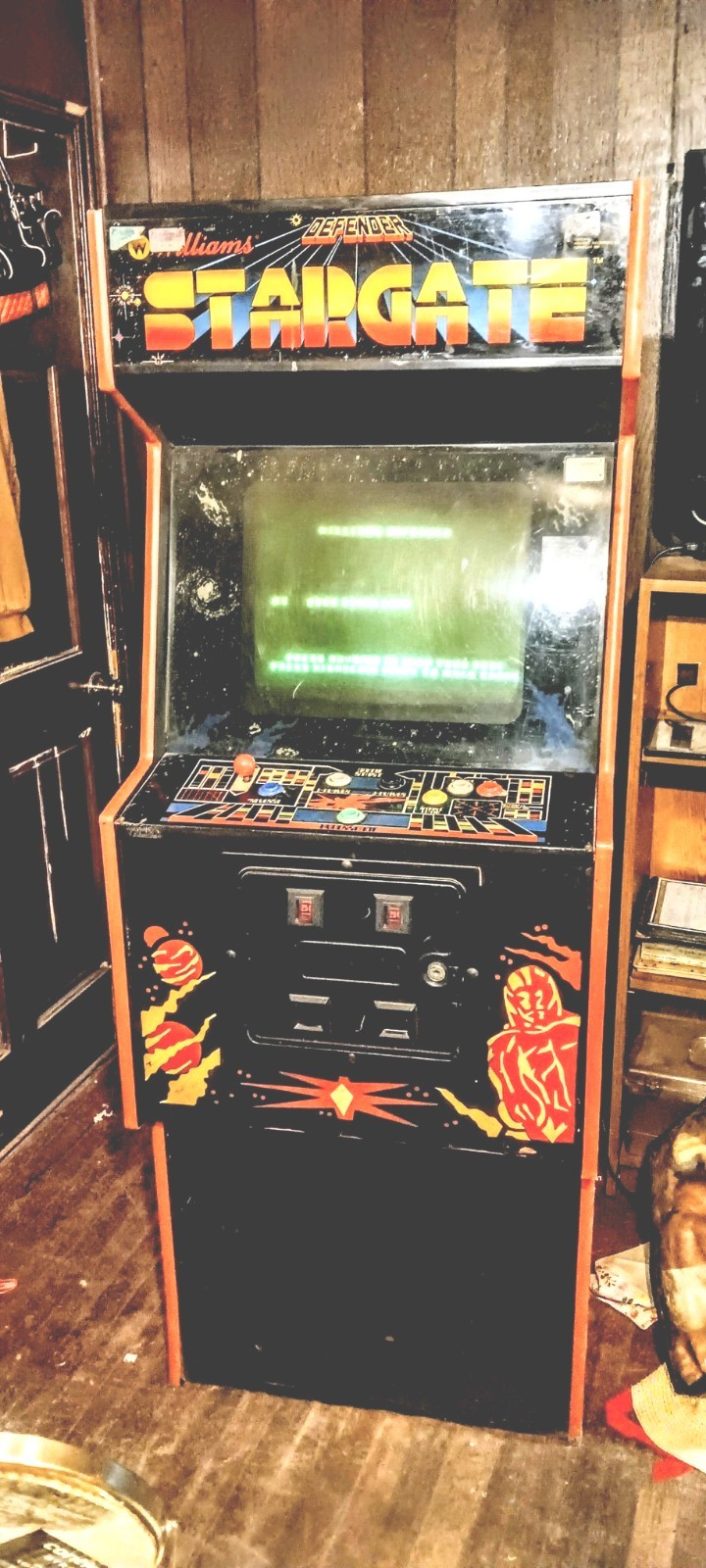 Williams Defender Stargate Upright Arcade Cabinet Side Art & Marquee