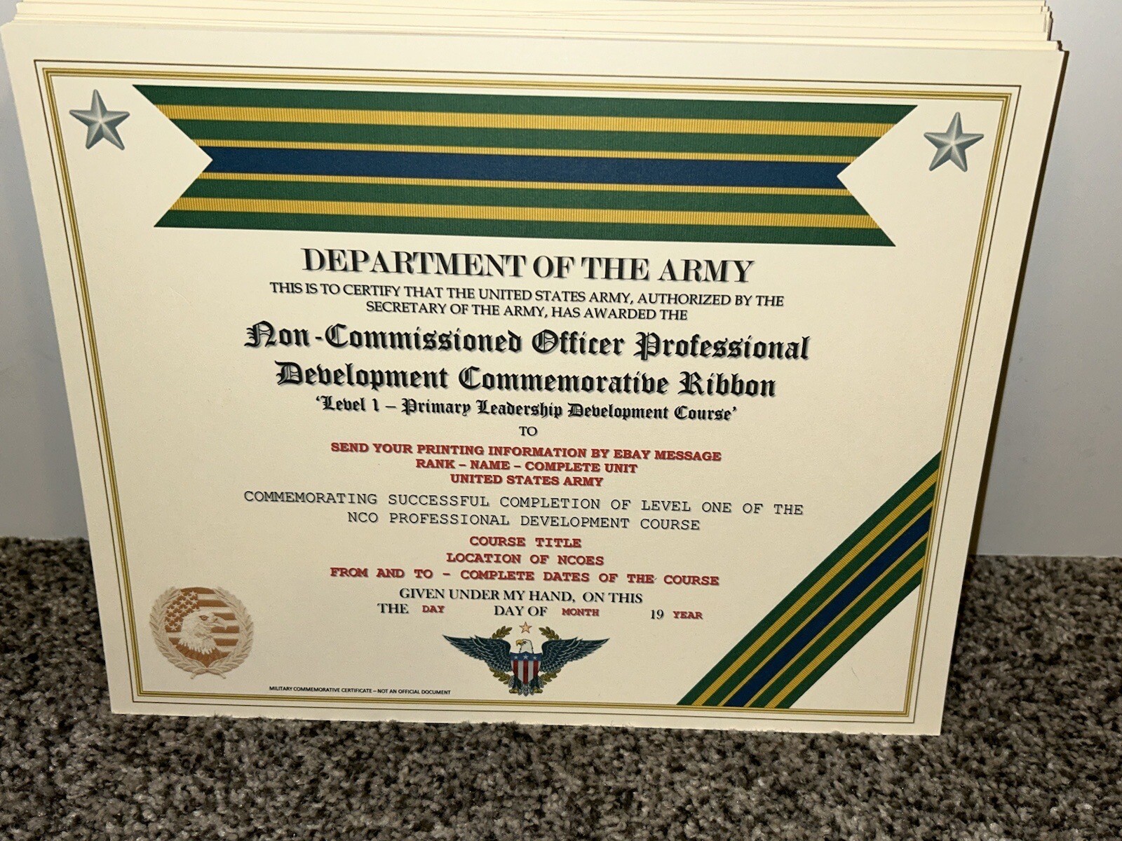 ARMY NCO PROFESSIONAL DEVELOPMENT COMMEMORATIVE CERTIFICATE ~ W/PRINTING TYPE-1