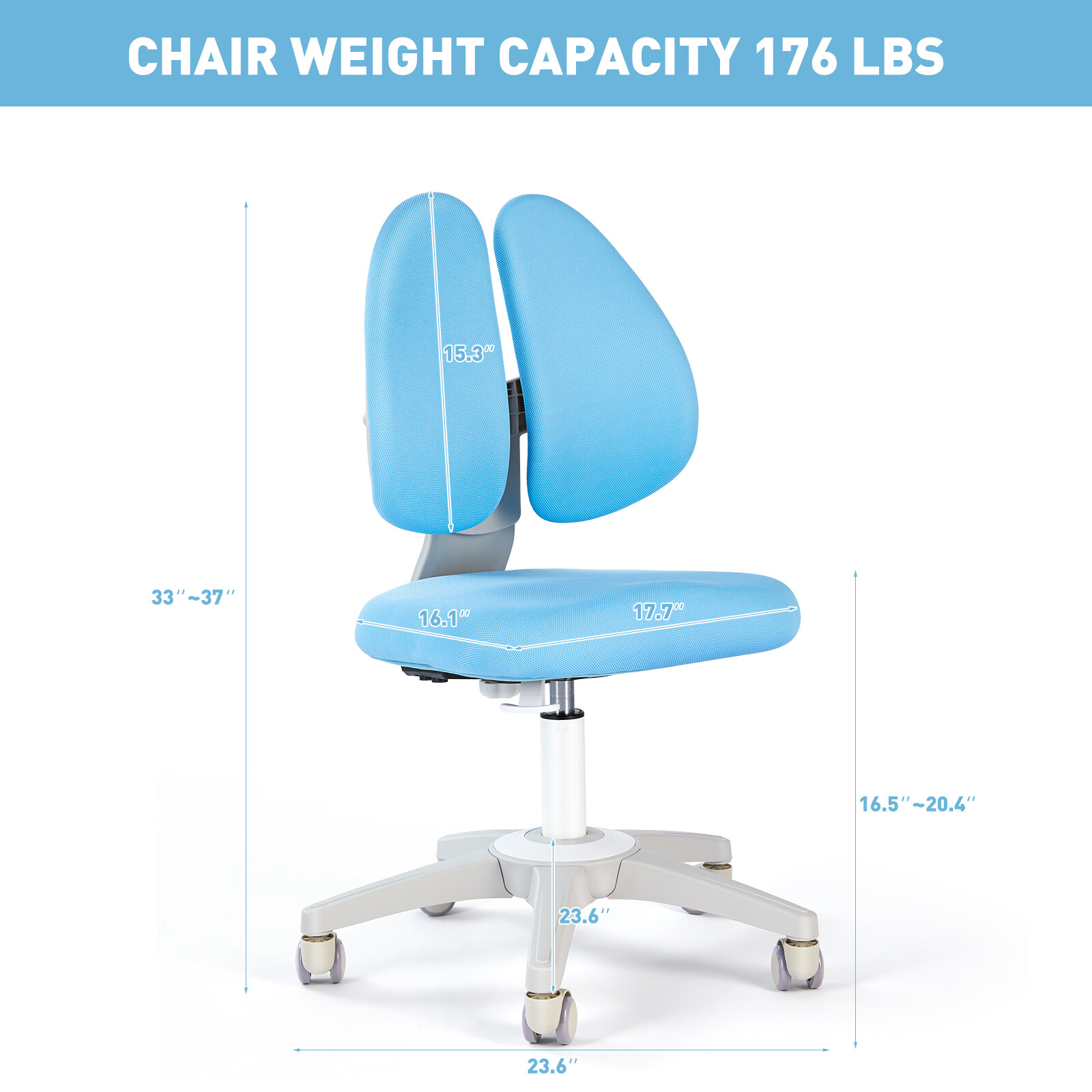 Blue Kids Study Chair Adjustable Height & Seat Depth Auto Brake Caster Boy Chair