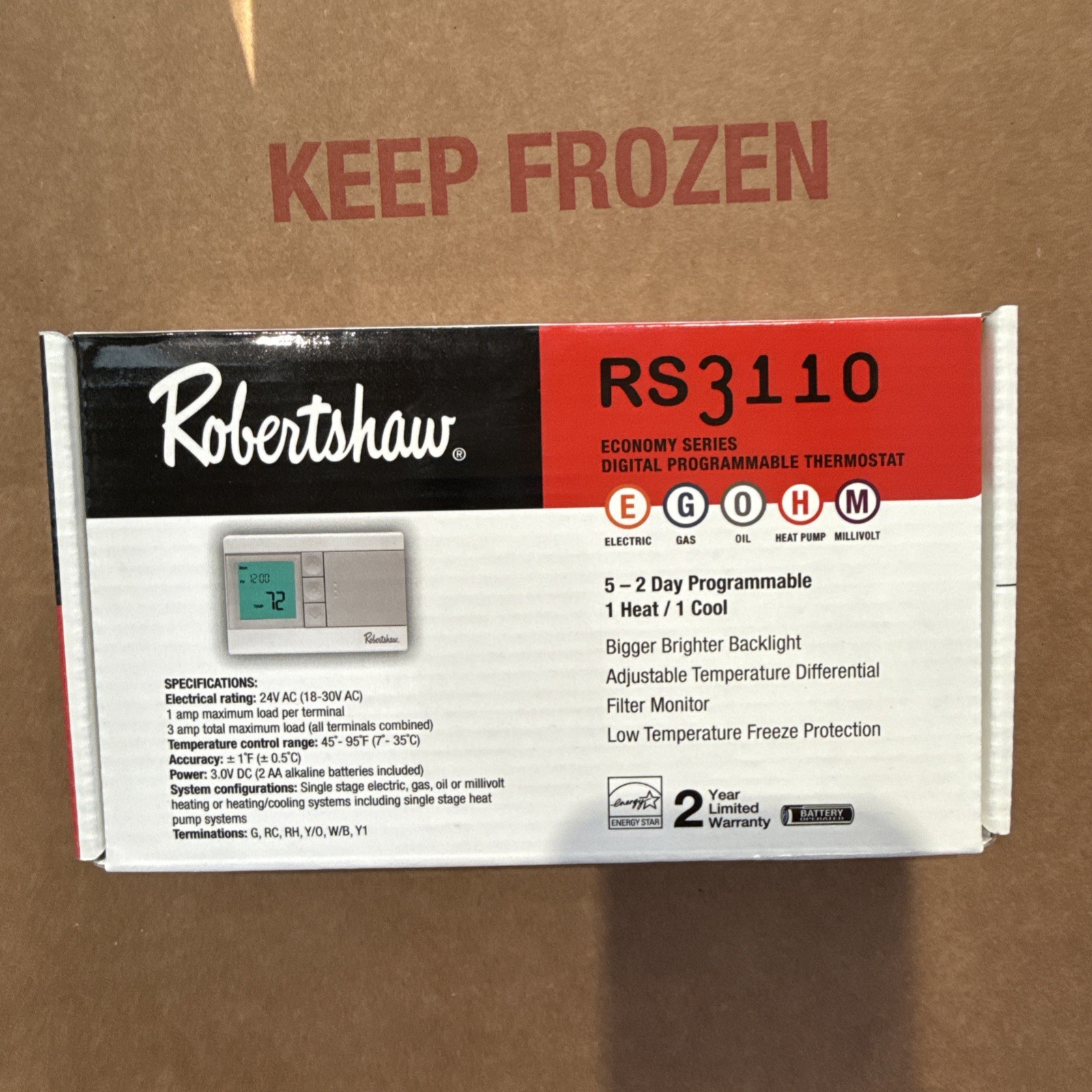 Robertshaw RS3110 Digital 5-2 Day Programmable Thermostat (1 Heat/1 Cool) New