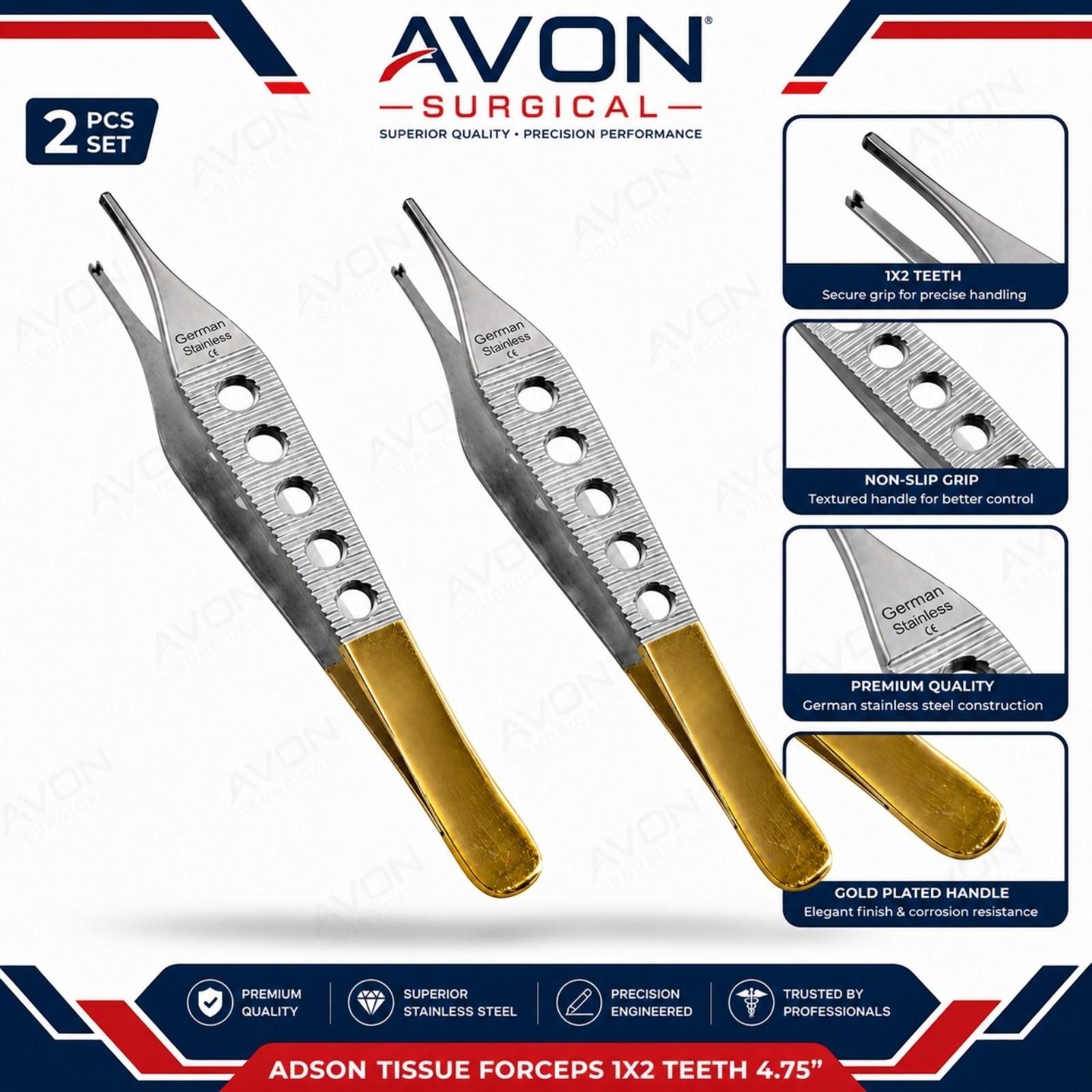 GOLD 2 ADSON FINE TISSUE PLASTIC SURGERY FORCEP 1X2T W/ FENESTRATED SURGICAL INS