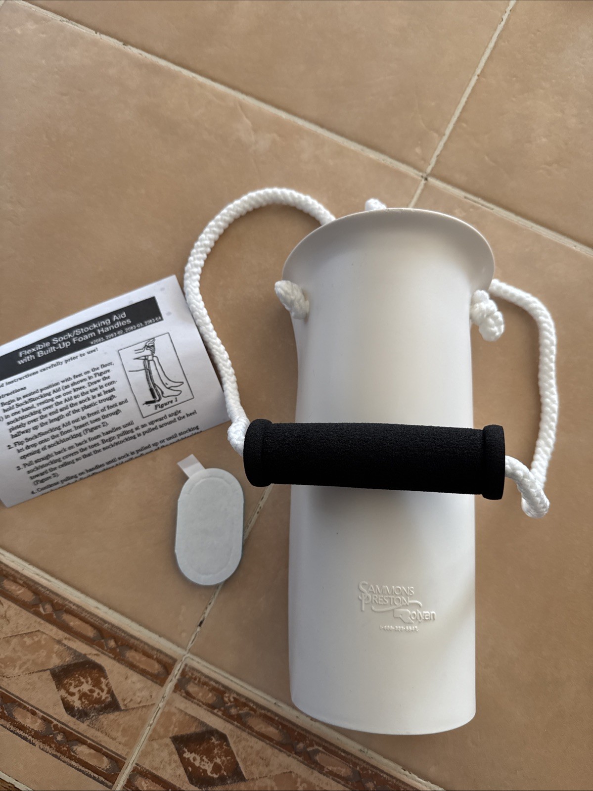Sammons Preston Sock Aid With Continuous Handle New White With Black Foam Handle