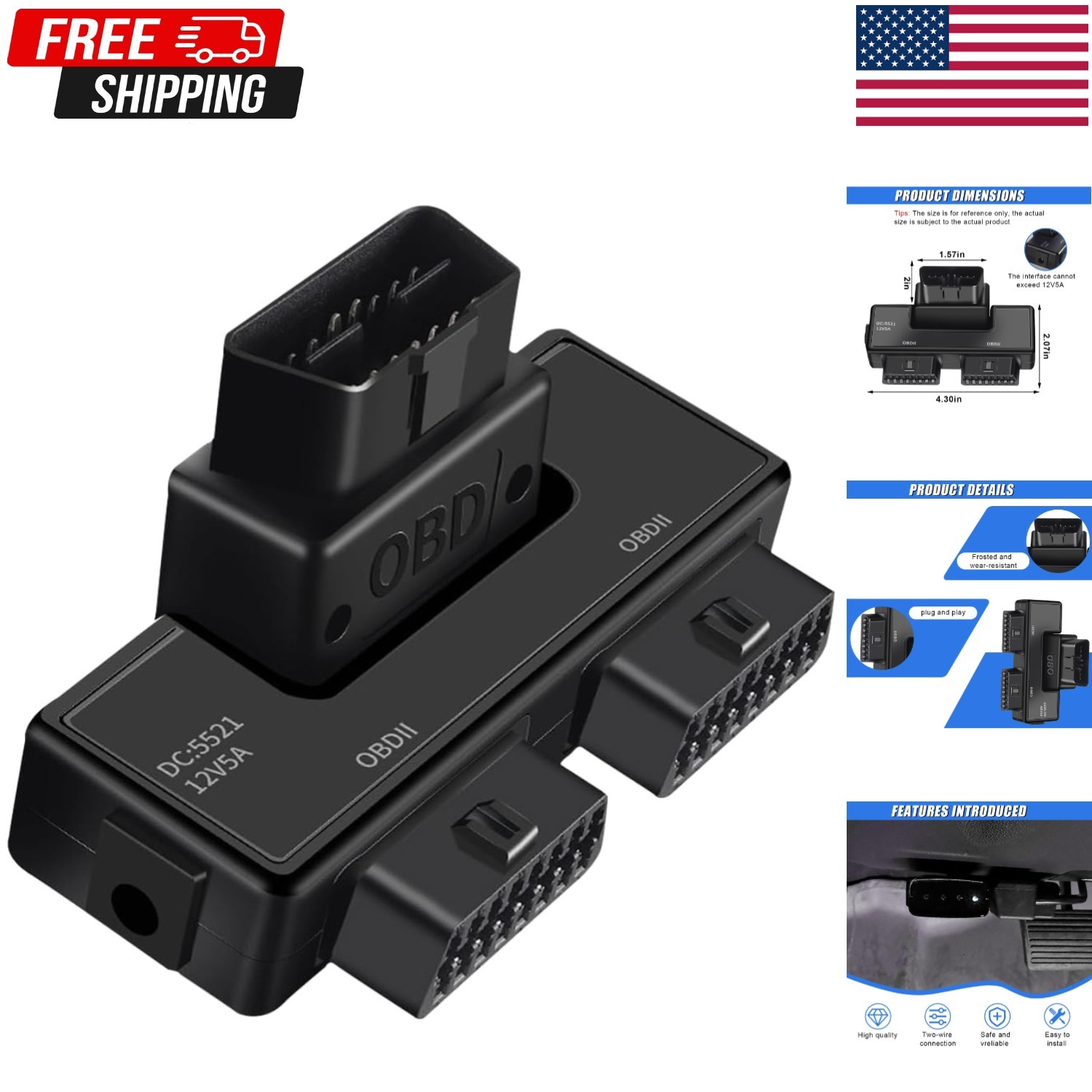 OBDII Splitter with Rotatable Male Port, bbfly-B33 1 to 2 Black