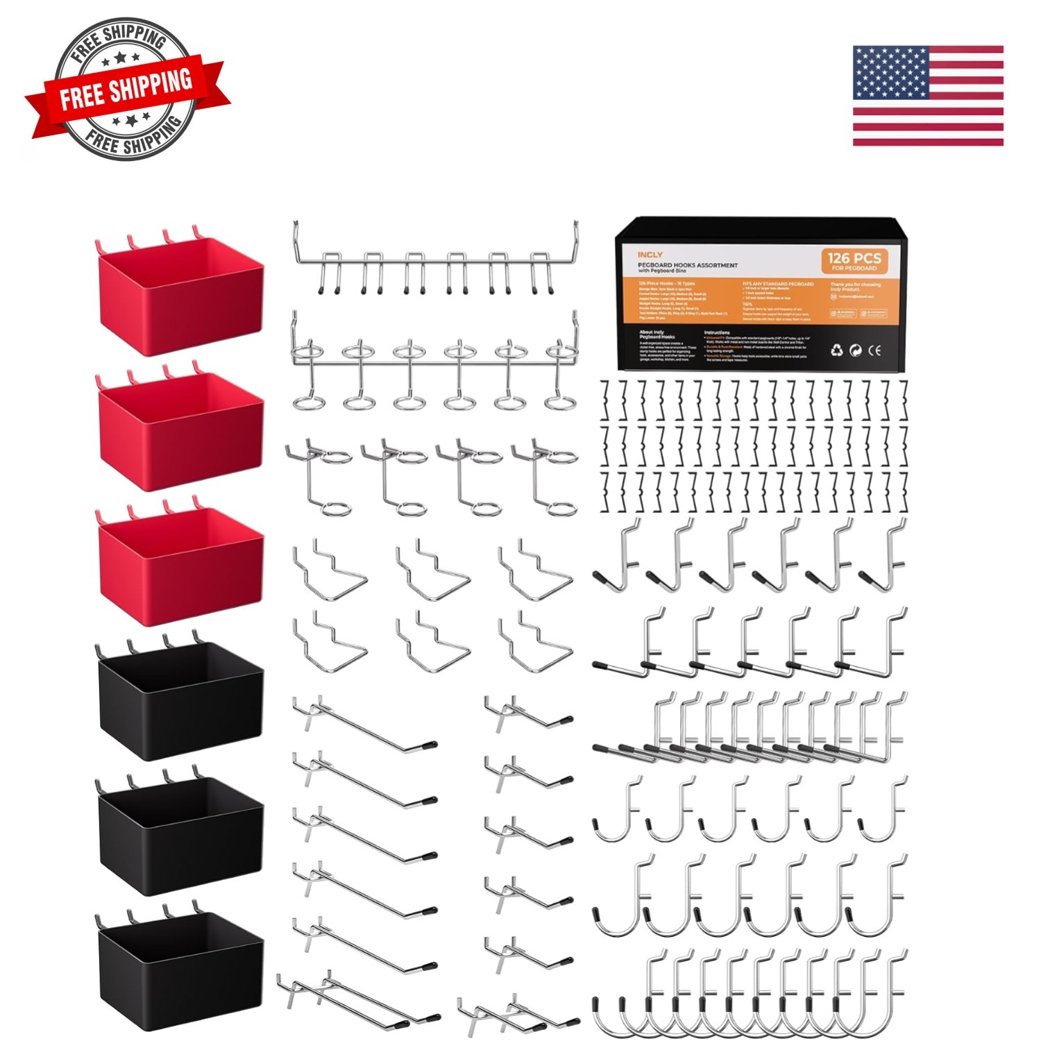 126PCS Peg Board Organizer Accessories Kit, Pegboard Hooks Assortment with 6 ...