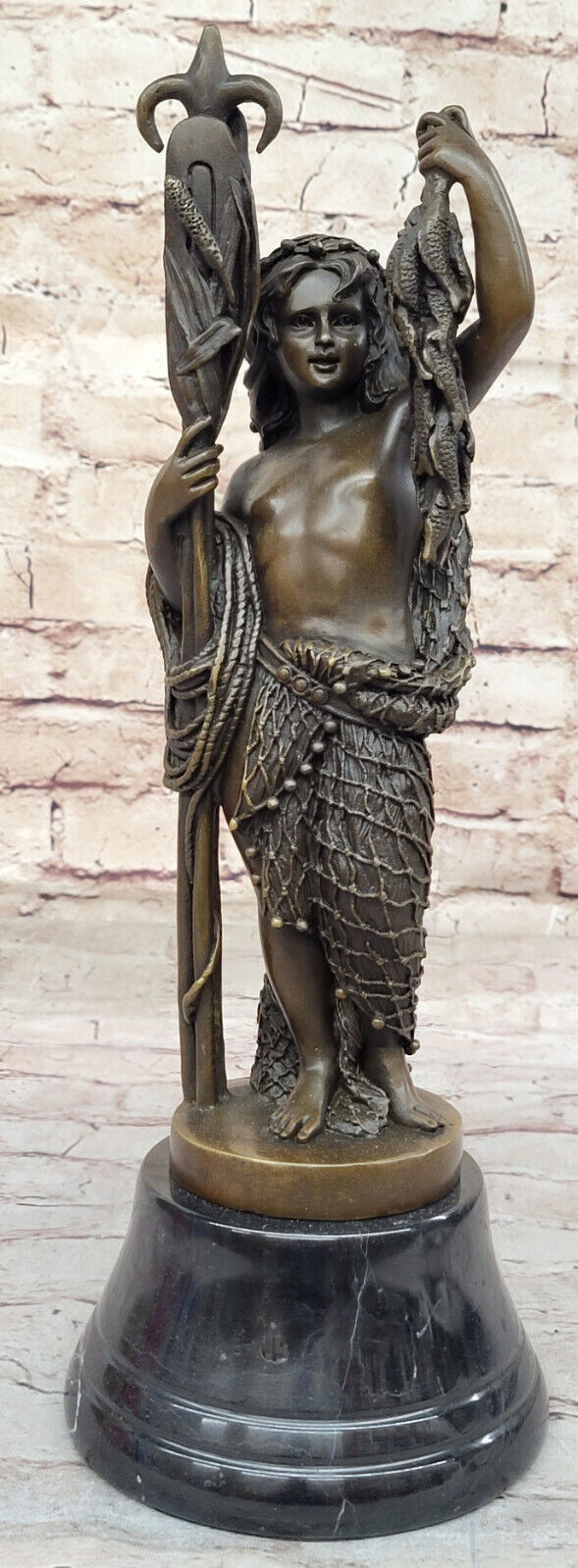 Collector`s Pride: Genuine Bronze Sculpture - Carrier Boy Hunter Fisherman Art N