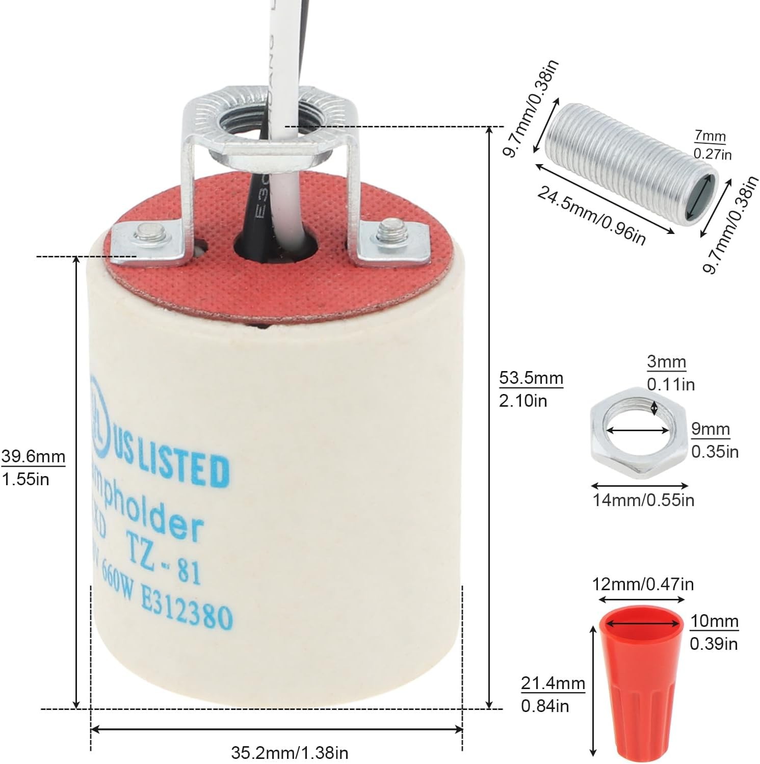 RTNLIT Ceramic E26 Light Socket with 10" Wire Lead, 2-Pack | Standard Medium ...