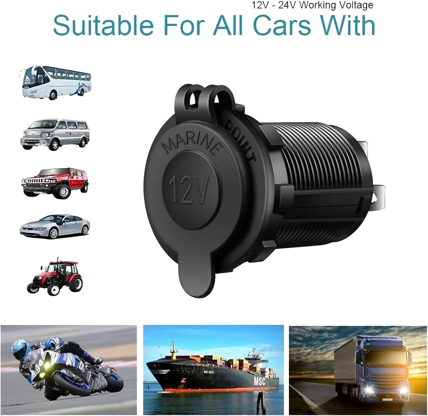 Versatile 12V Waterproof Power Outlet Socket with Long Wire & Installation Kit
