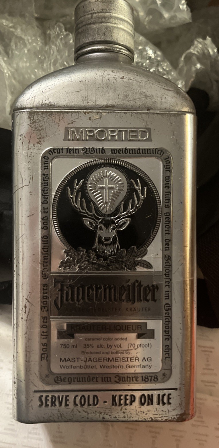 Collectible Silver Tin Can 750ml bottle of Jägermeister liqueur