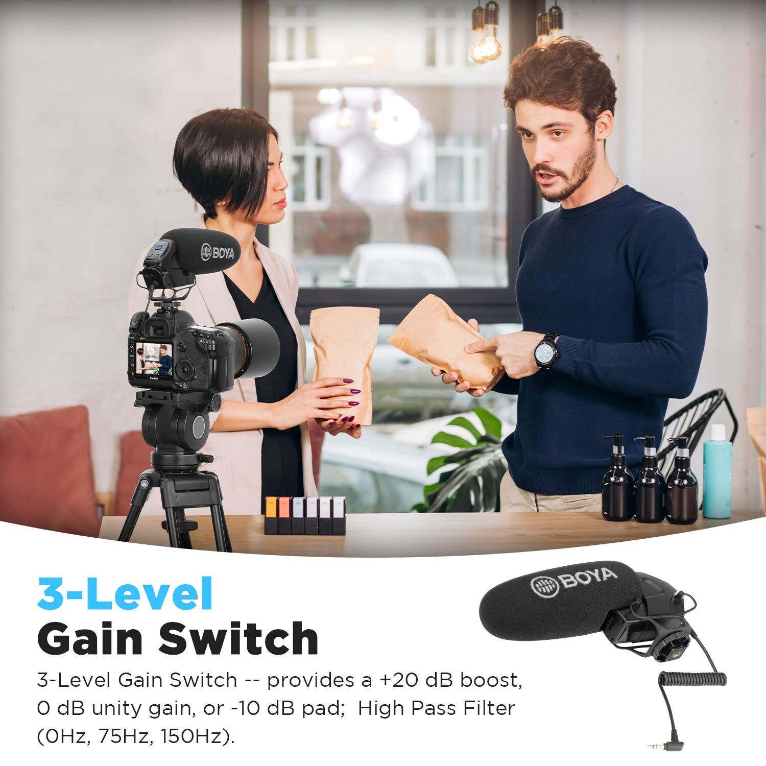 BOYA Camera Microphone, Shotgun Mic, Low Cut Filter, Gain, BY-BM3032