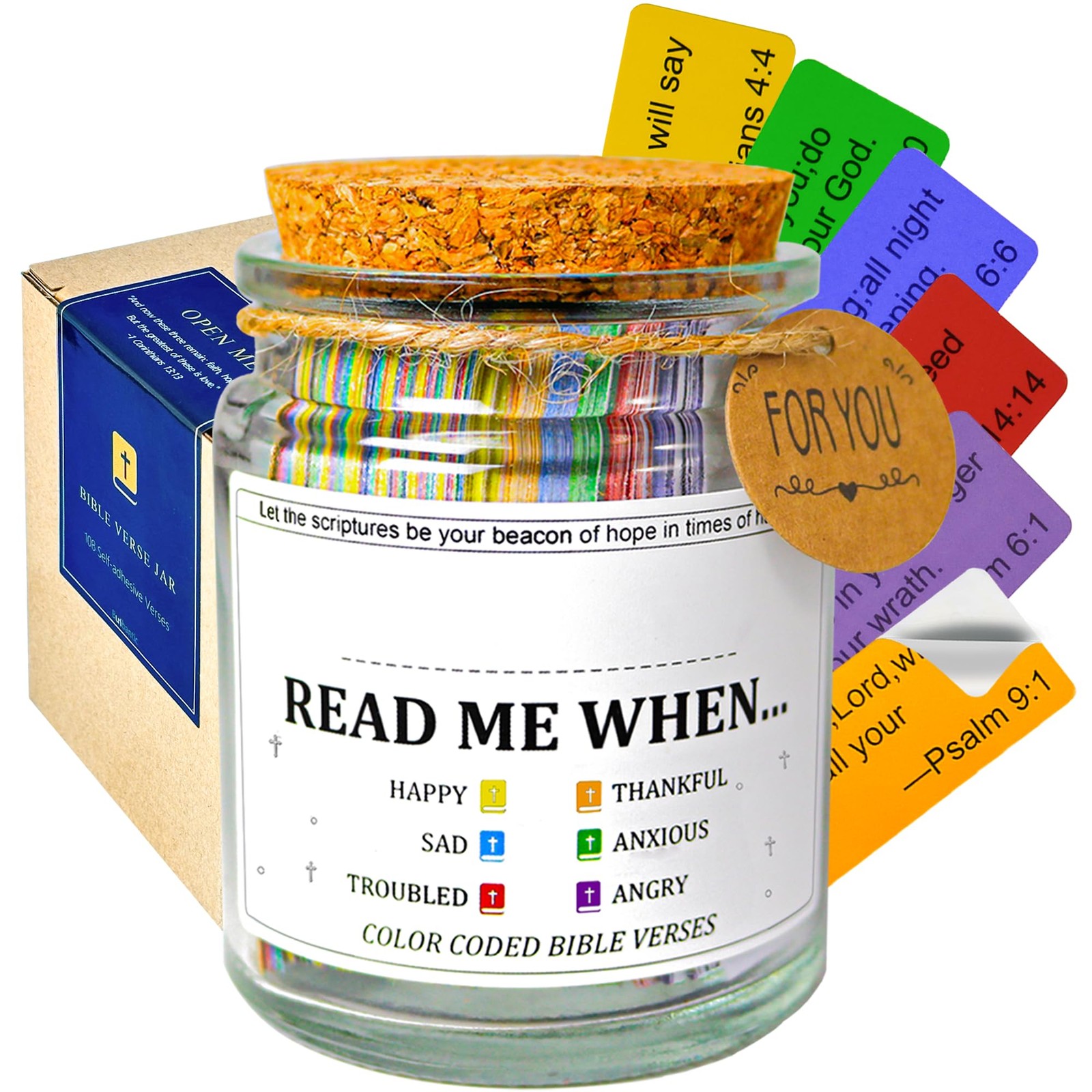 Bible Verse Jar with 108 Scripture 9 Ounces, Clear Glass With Cork Lid