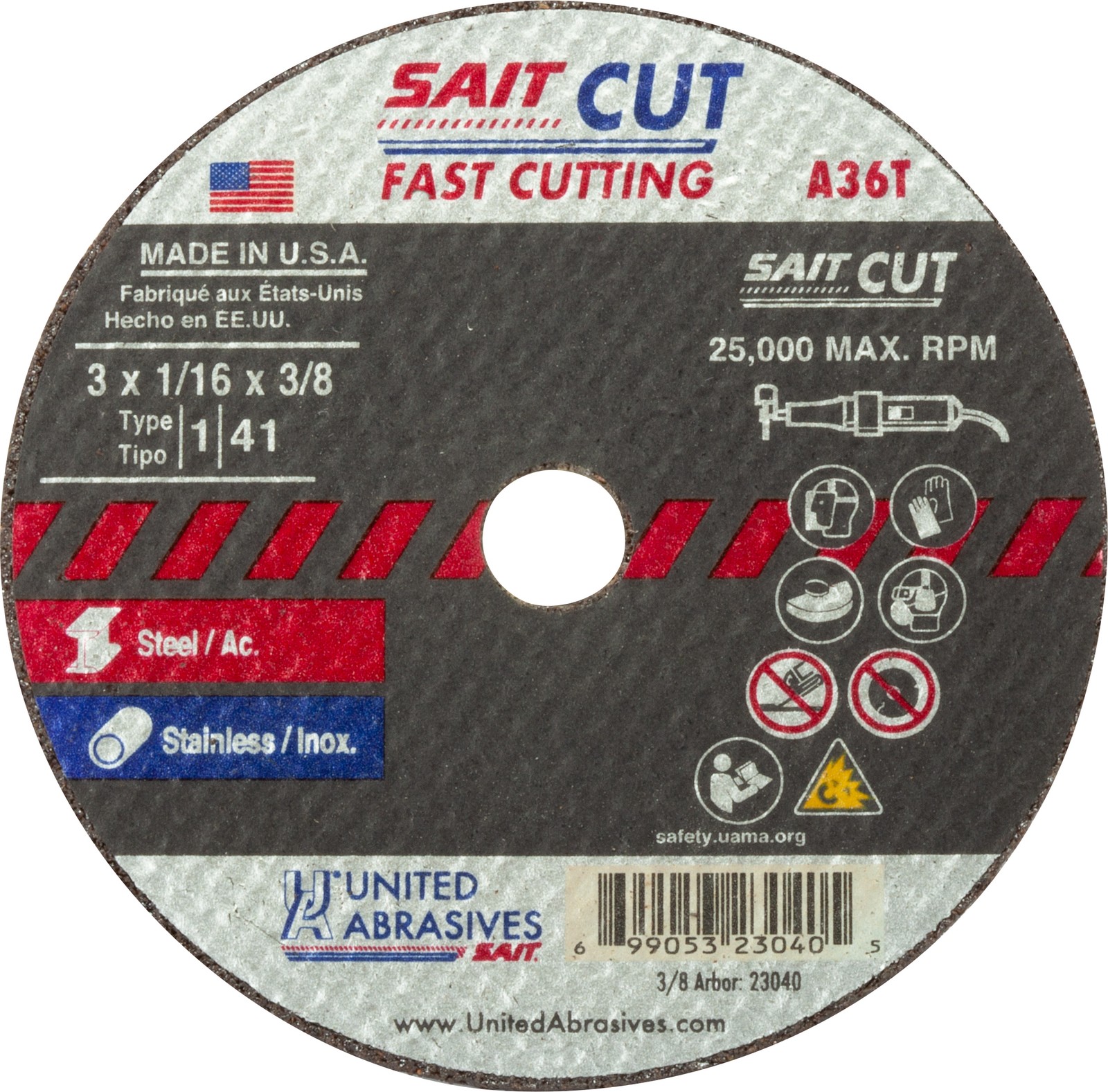 United Abrasives 23040 3x1/16x3/8 A36T Fast Cut High Speed Cut-off Wheels 50 pk
