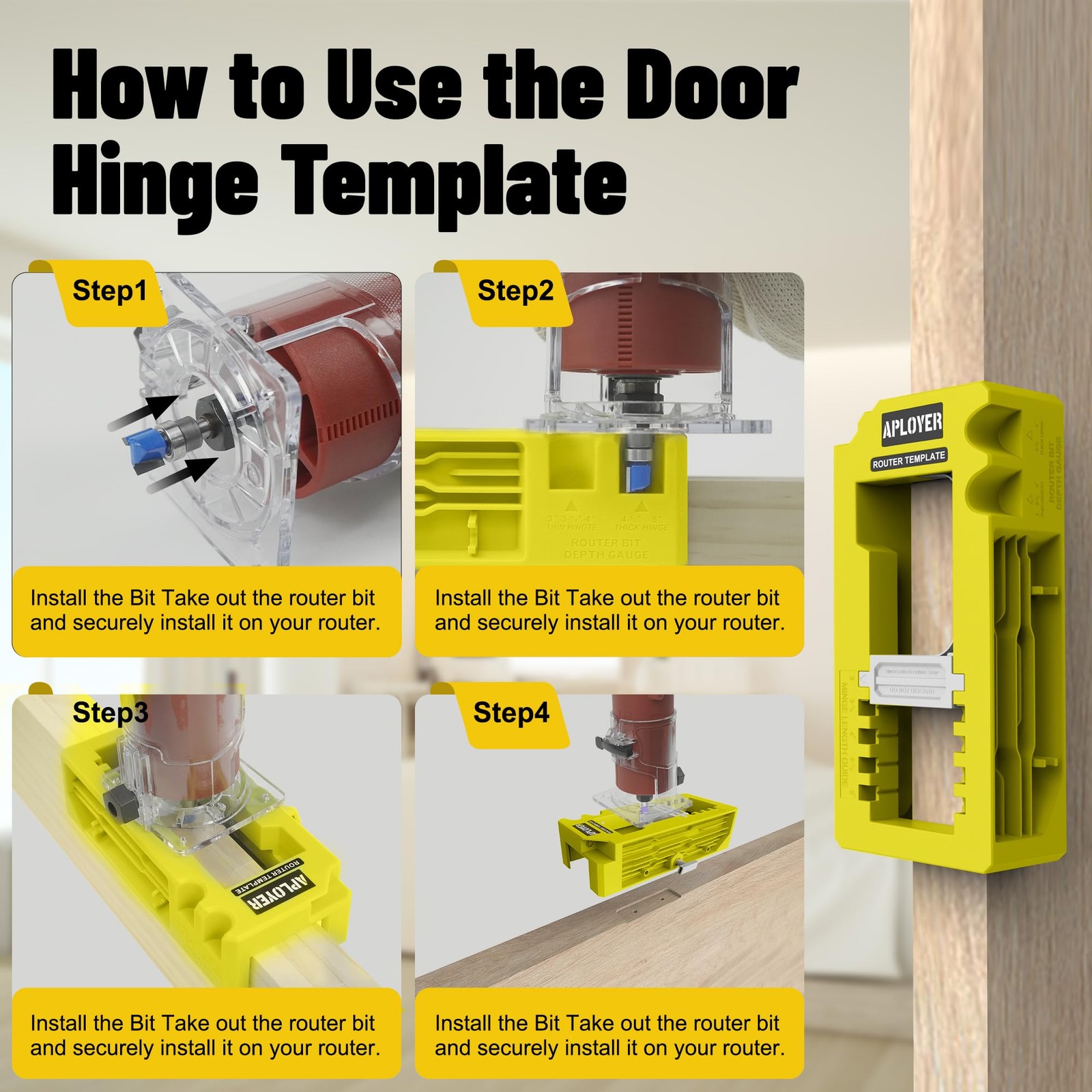 Door Hinge Jig, Router Template, Adjustable Mortise Yellow