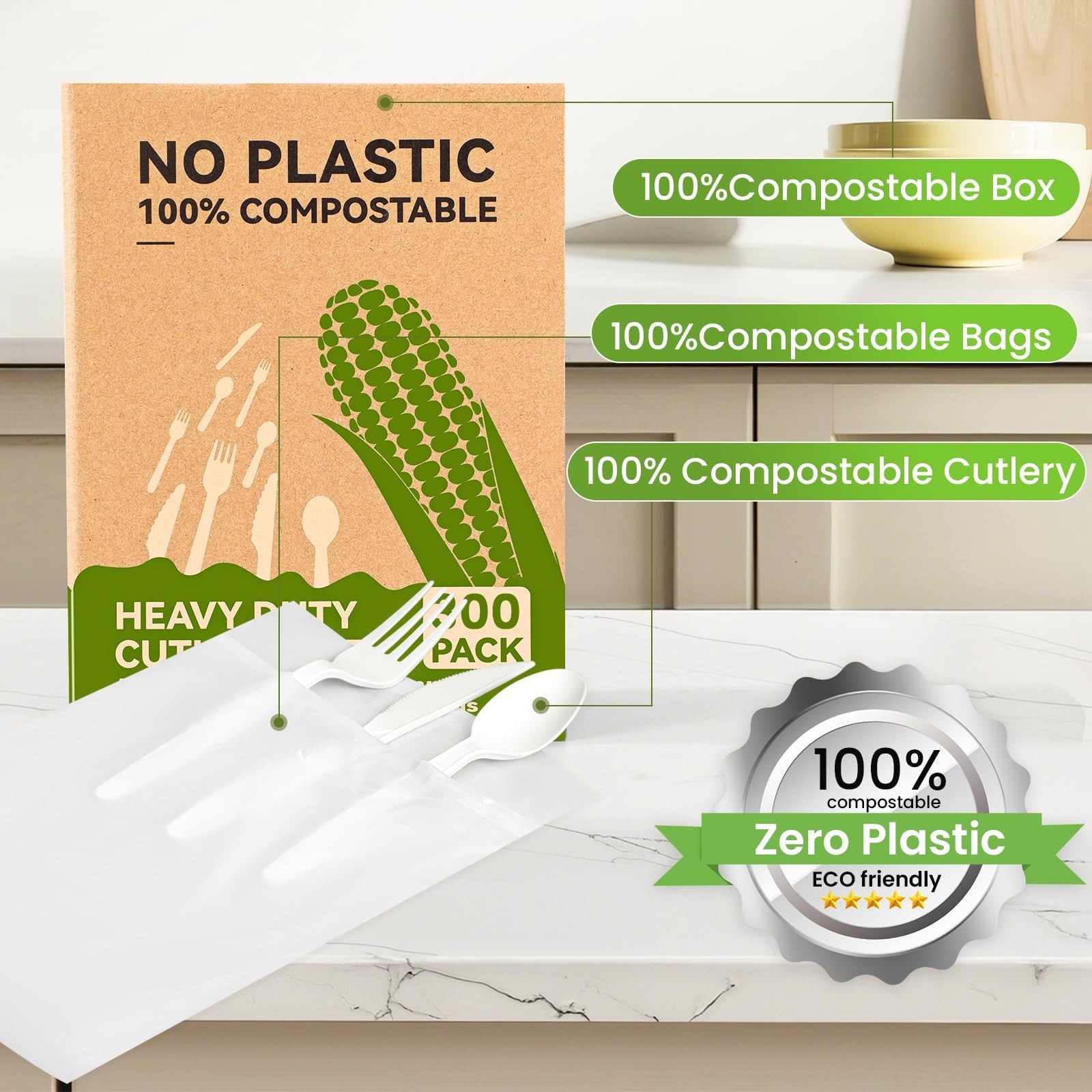 Compostable Utensils Set (300Pack), Heavy Duty & Eco-Friendly No-Plastic Spoo...