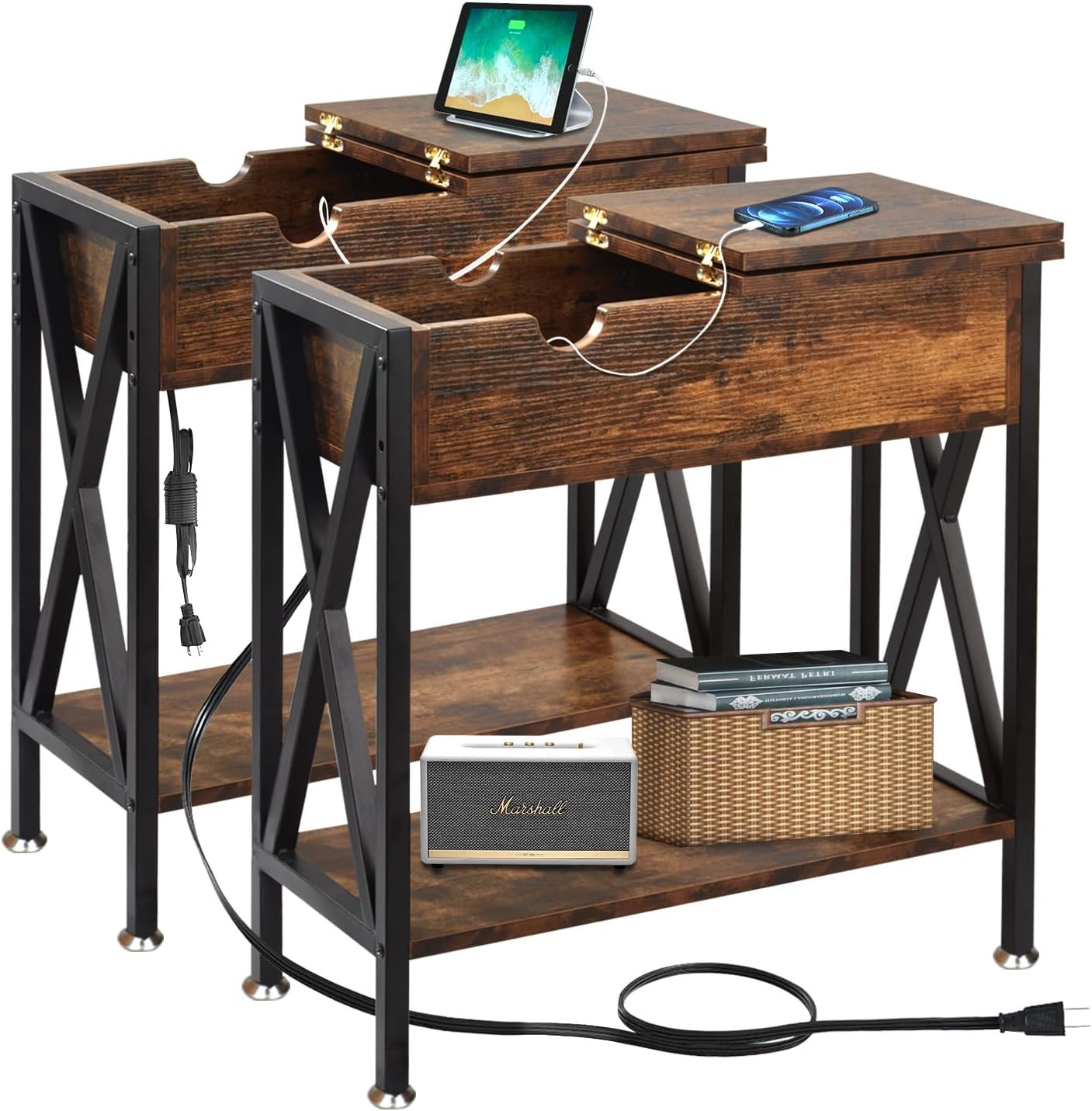 End Tables Living Room Set of 2 with Charging Station, 12"D X 24"W X 24"H | Flip