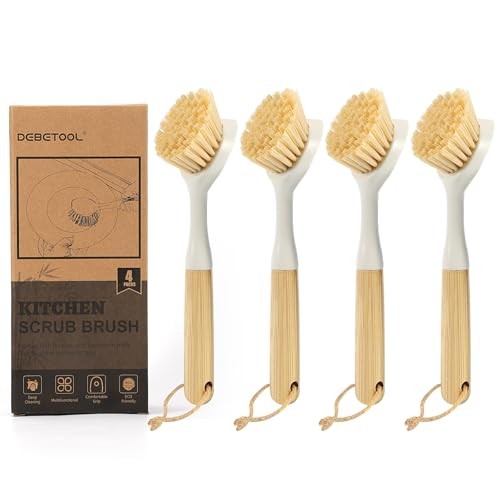 Dish Brush with Built-in Scraper - 4 Pack Bamboo Dish Scrubber Brush with