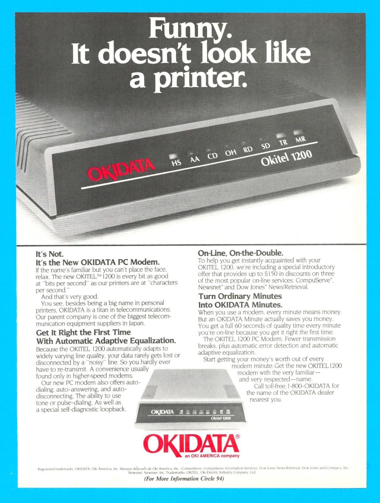Okidata computer PC Modem printer electronics ephemera vintage print ad 1986