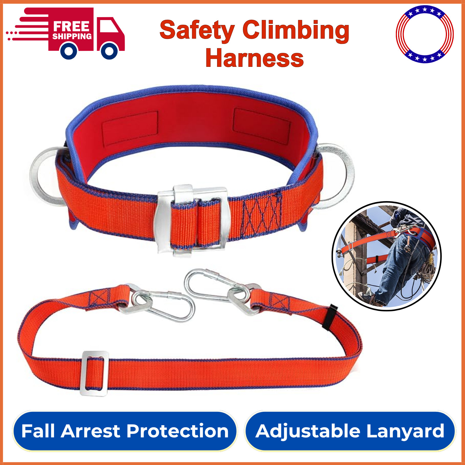 Safety Belt with Adjustable Lanyard and Updated Waist Pad - Tree Climbing Belt