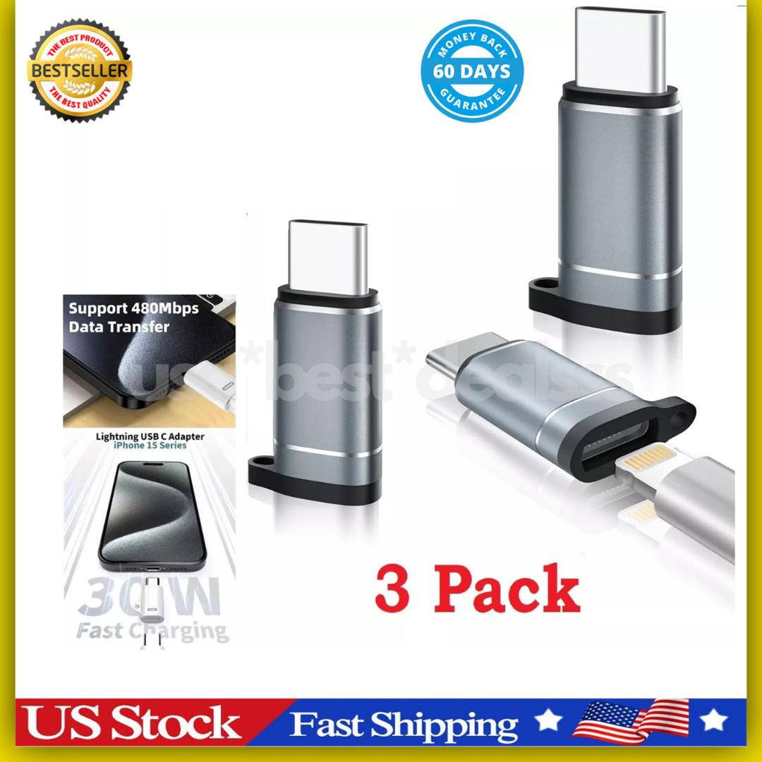 USB C to Lightning Adapter 3 Pack [Mfi Certified] Lightning Female to USB C