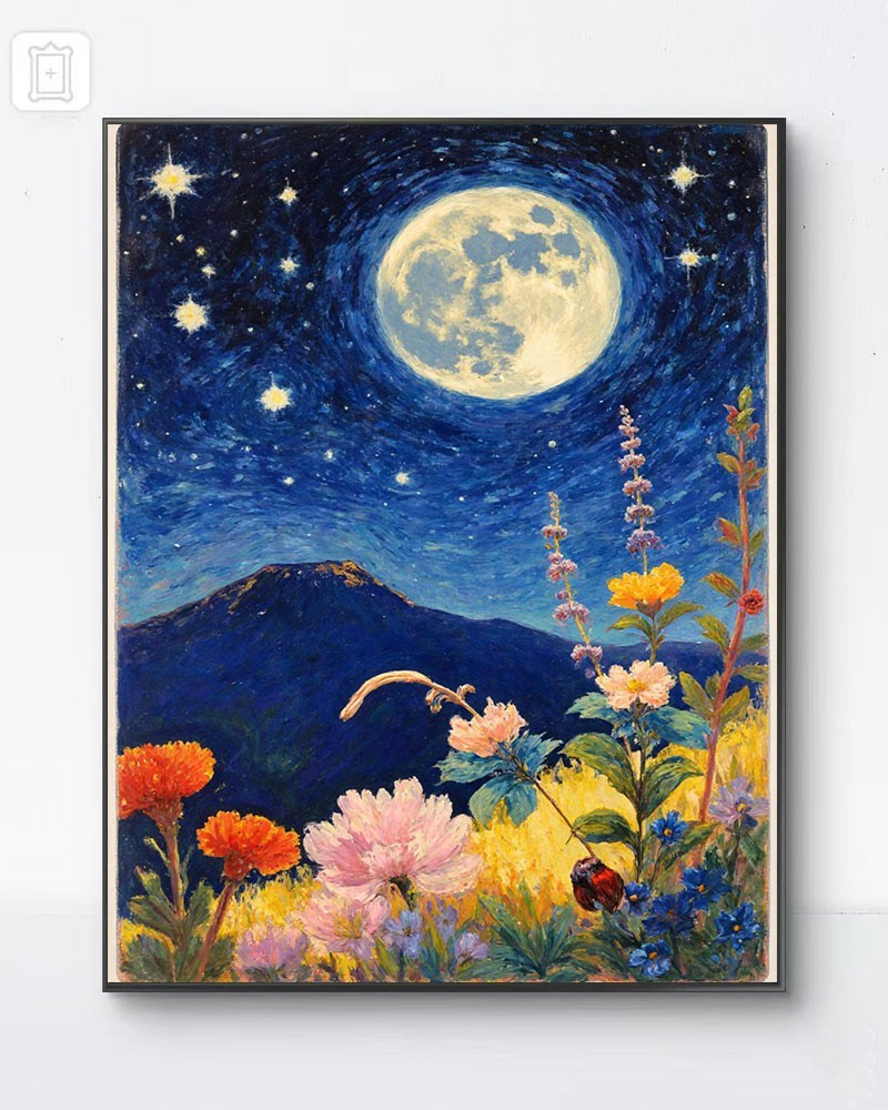 Celestial Boho Wall Art Moonlight Wildflowers Nature Impressionist Decor12'*18''