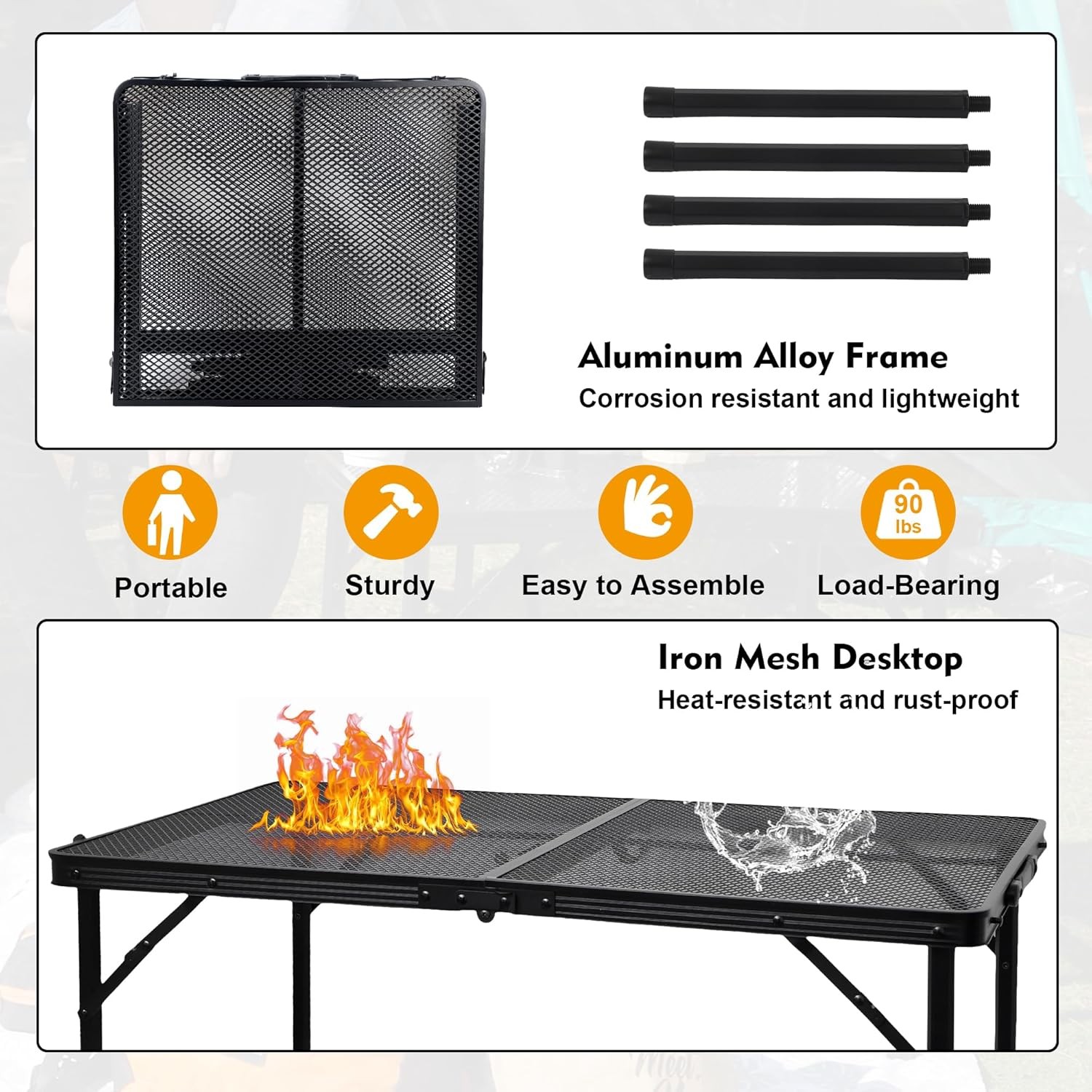 4FT 3-Fold Camping Table with Mesh Desktop Adjustable Height BBQ Grill Table