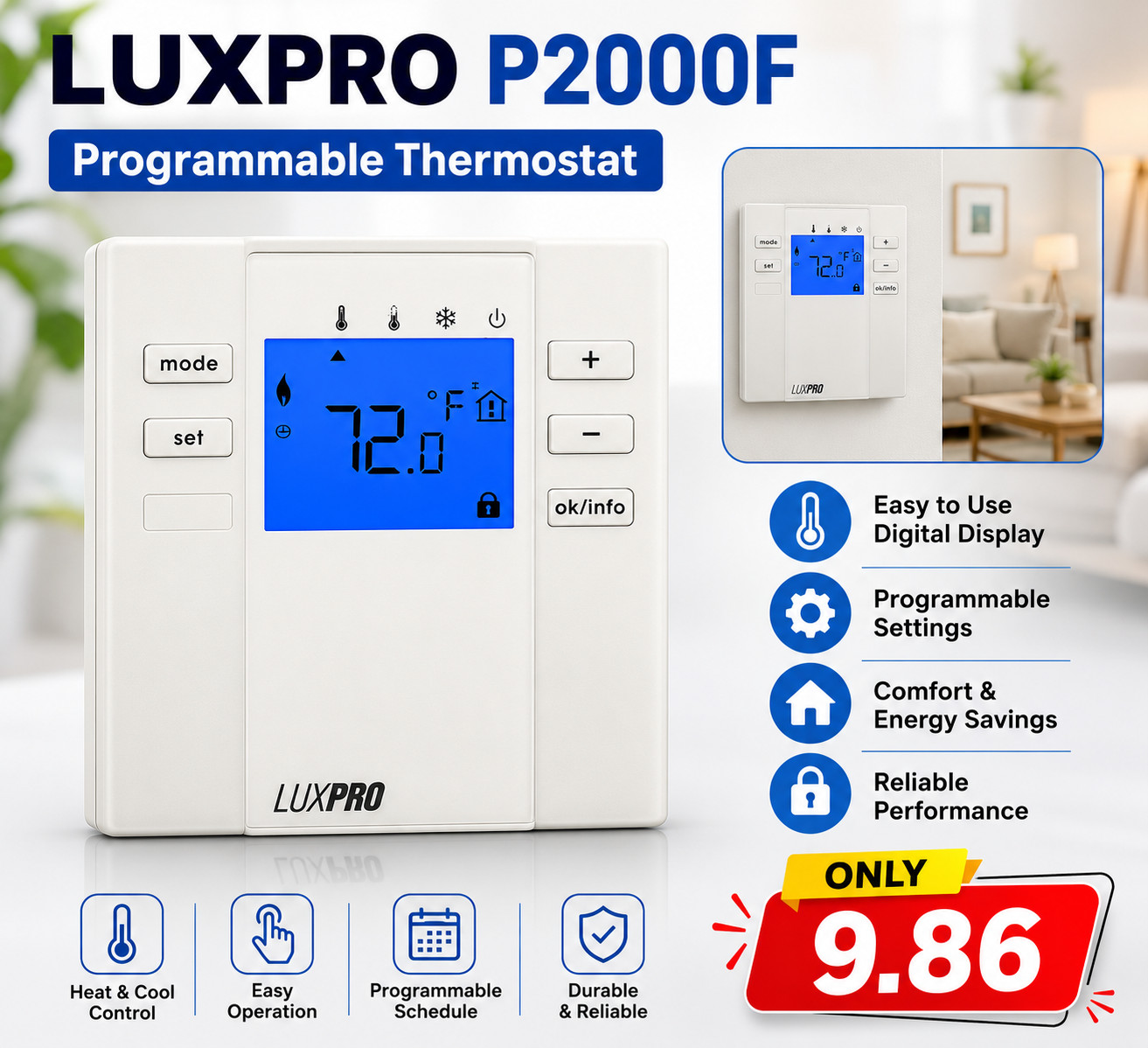 LUXPRO P2000F Digital Programmable Thermostat Heat Cool Control White