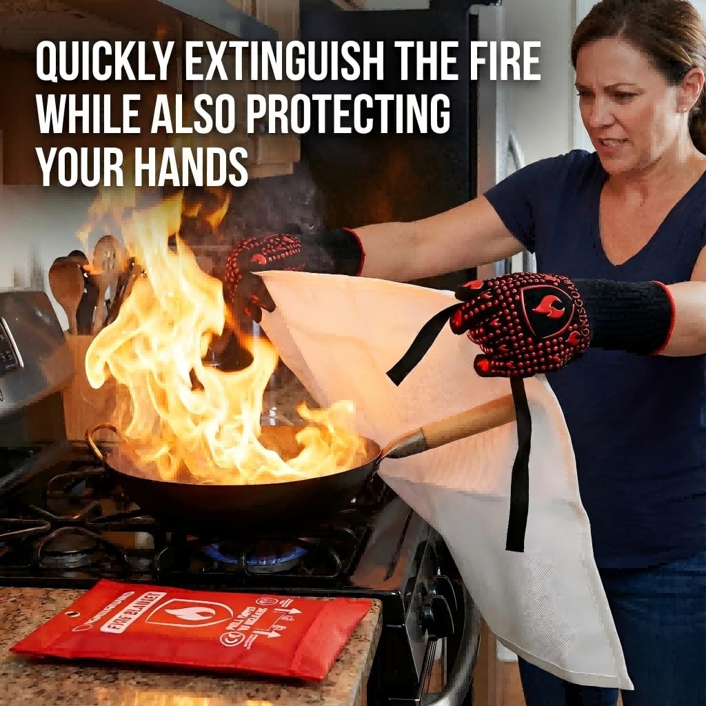 Fire Blankets 4 Pack, 40x40in with 1 Pair Fire Resistant Gloves & 4 Hooks, Fi...
