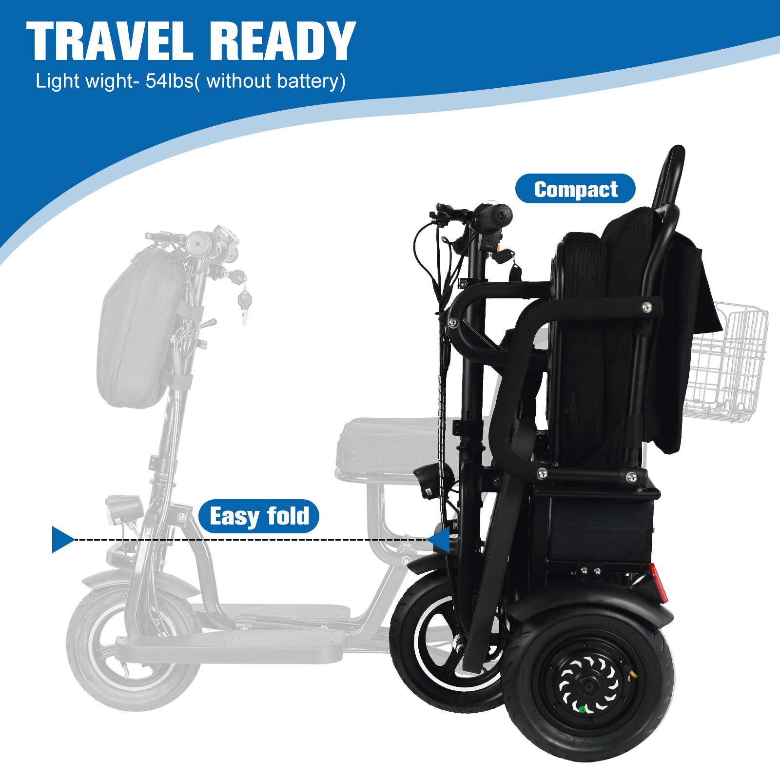 3 Wheel Folding Mobility Scooter Power Wheel Chairs Electric Long Range Portable