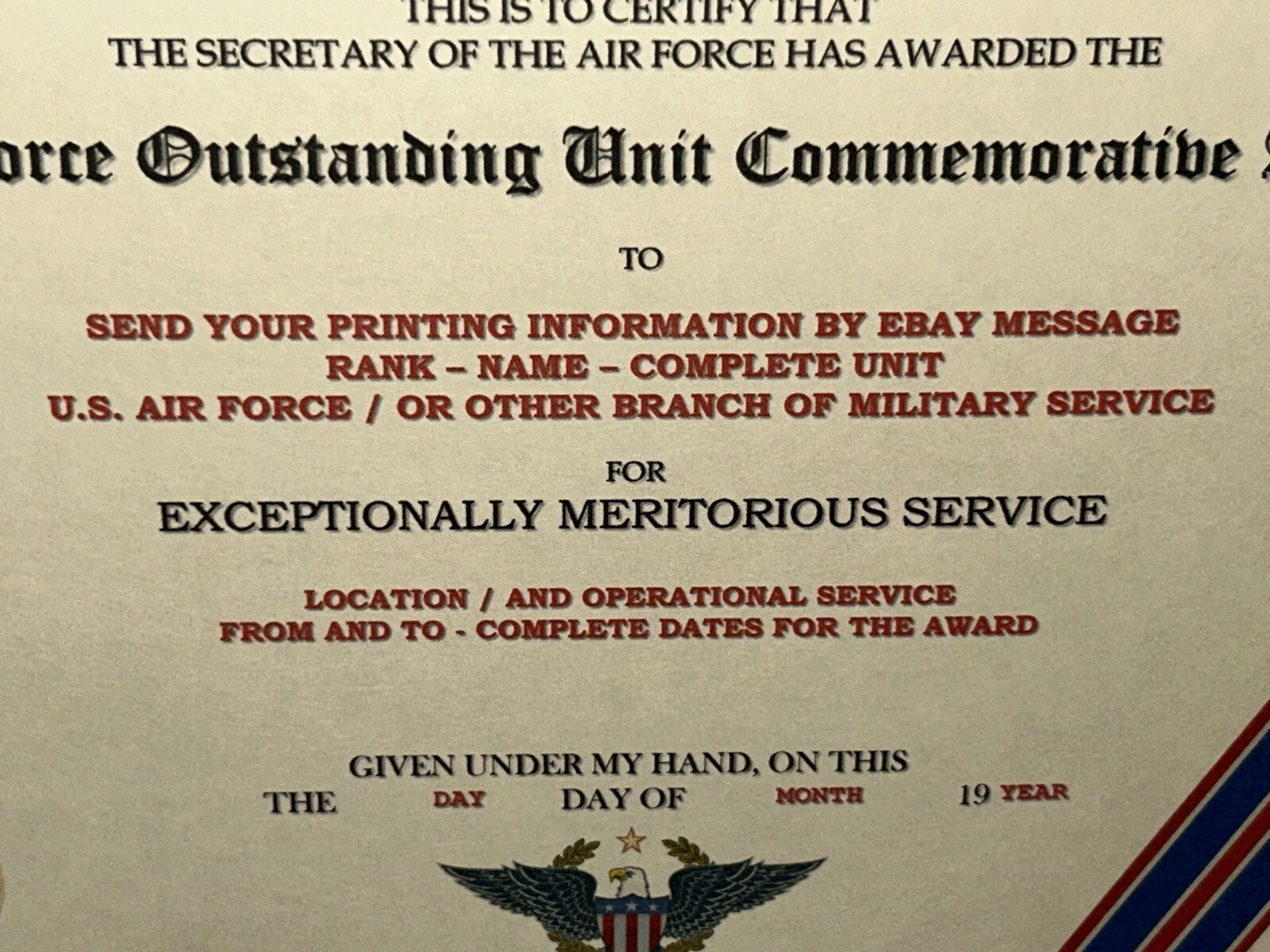 AIR FORCE OUTSTANDING UNIT COMMEMORATIVE AWARD CERTIFICATE~W/PRINTING T-1