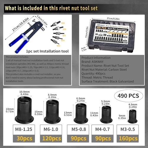 Rivet Nut Tool Kit - 490Pcs Black Zinc - 490 PCS