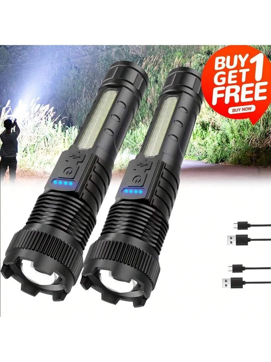 Rechargeable LED Flashlight 2 Pack High Lumens Zoomable USB C Tactical Light