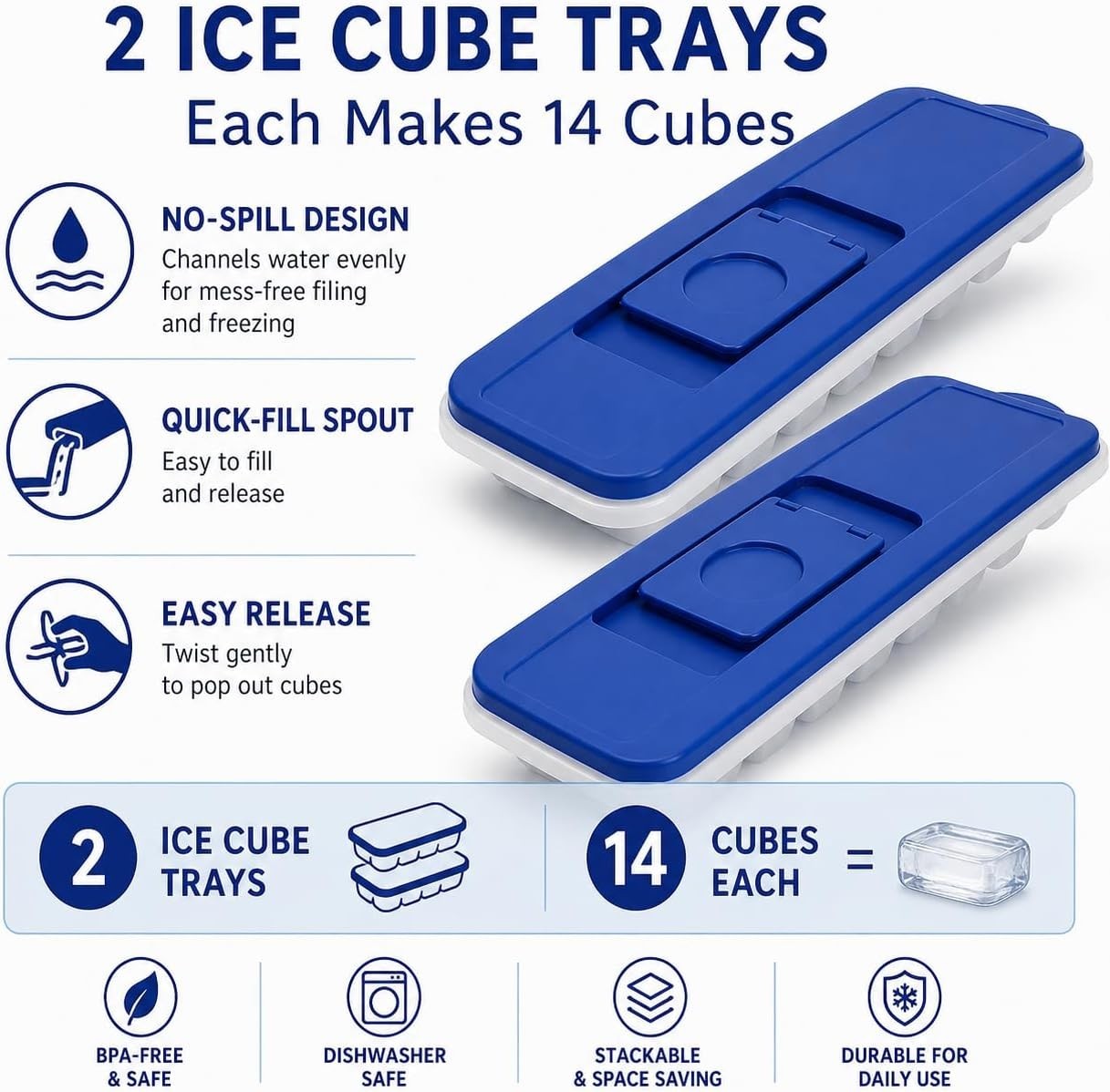 2-Pack No-Spill Ice Cube Trays with Lids – BPA-Free, Easy Release & Stackable...