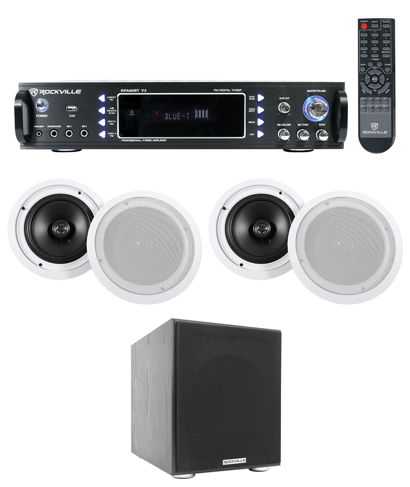Rockville RPA60BT Home Theater Bluetooth Receiver+(4) 8" In-Ceiling Speakers+Sub