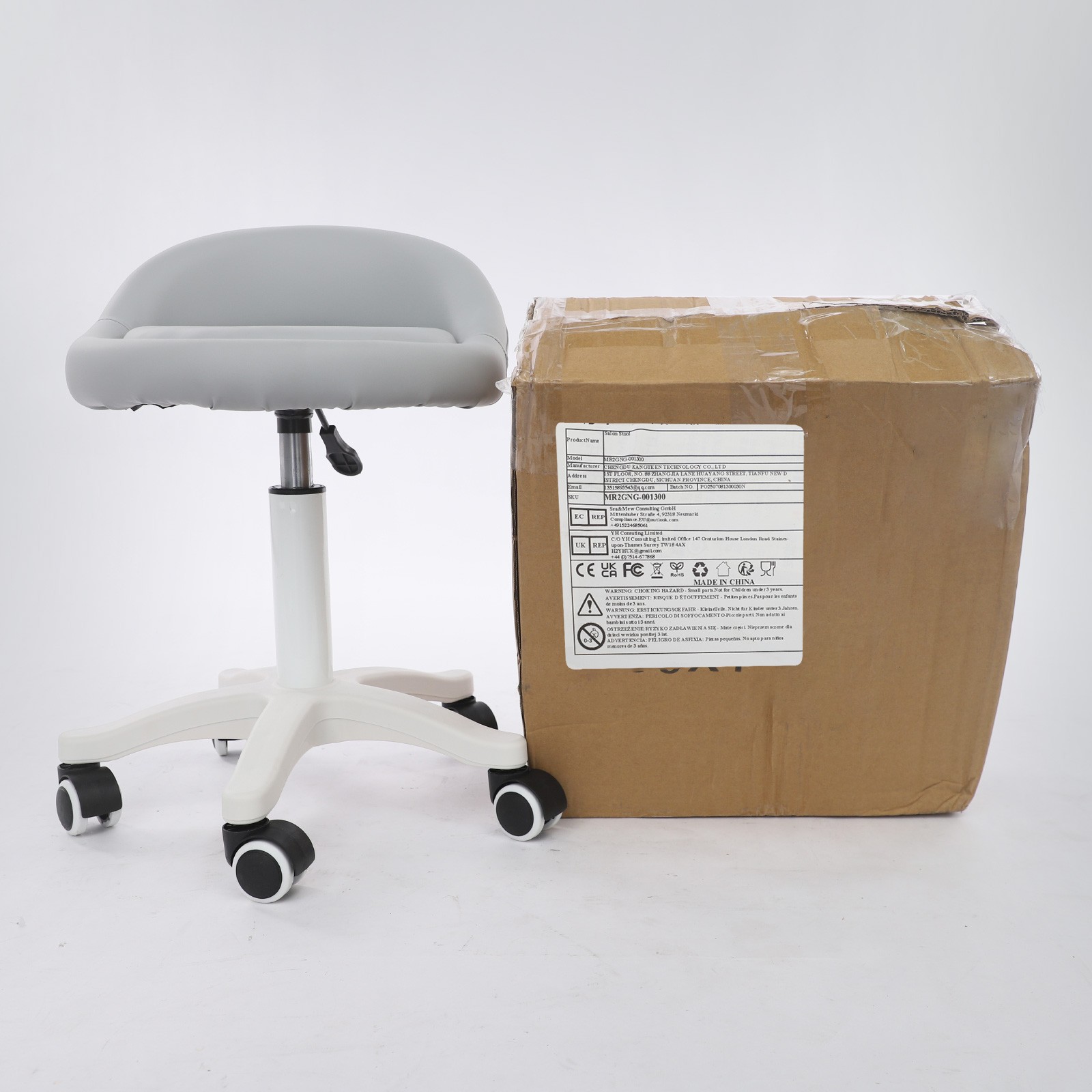 Gray Adjustable Beauty Salon Chair Rolling Stool with Low Backrest Floorstanding
