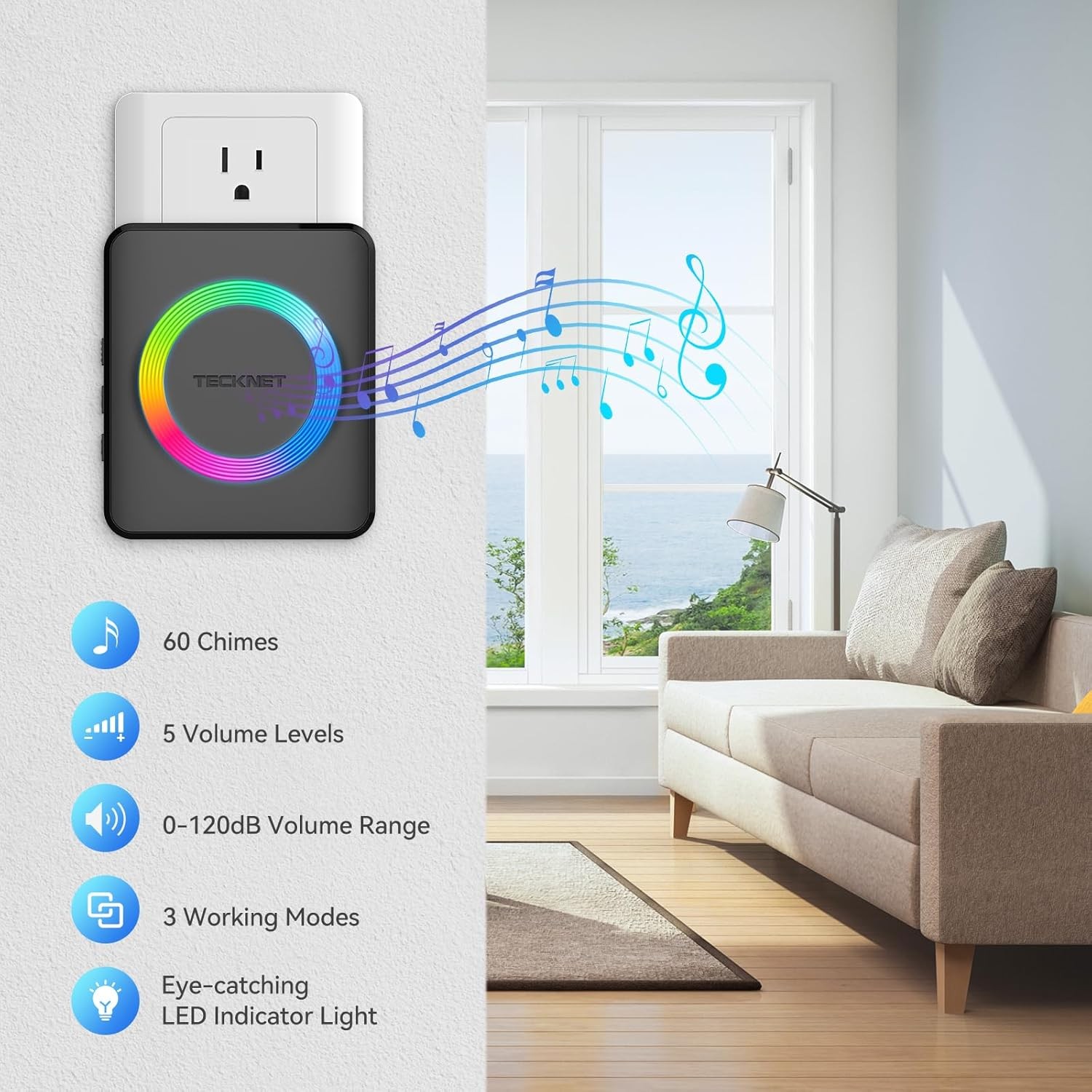 TECKNET Wireless Doorbells for Home, 1 button & 1 plug-in receiver, BLACK