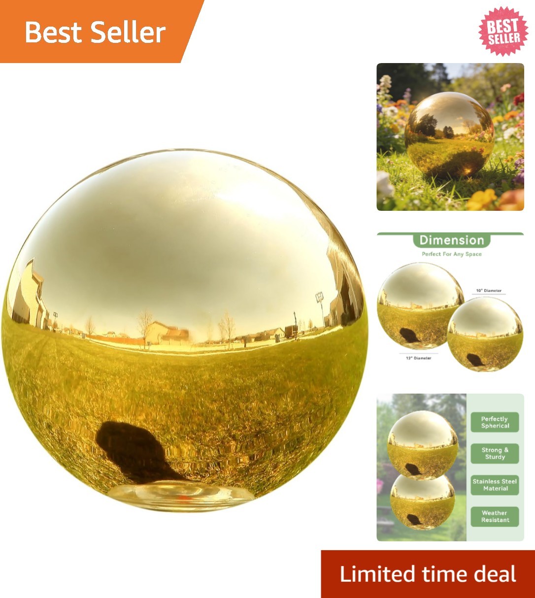 10-Inch Shiny Gold Stainless Steel Gazing Globe for Elegant Home & Garden Decor