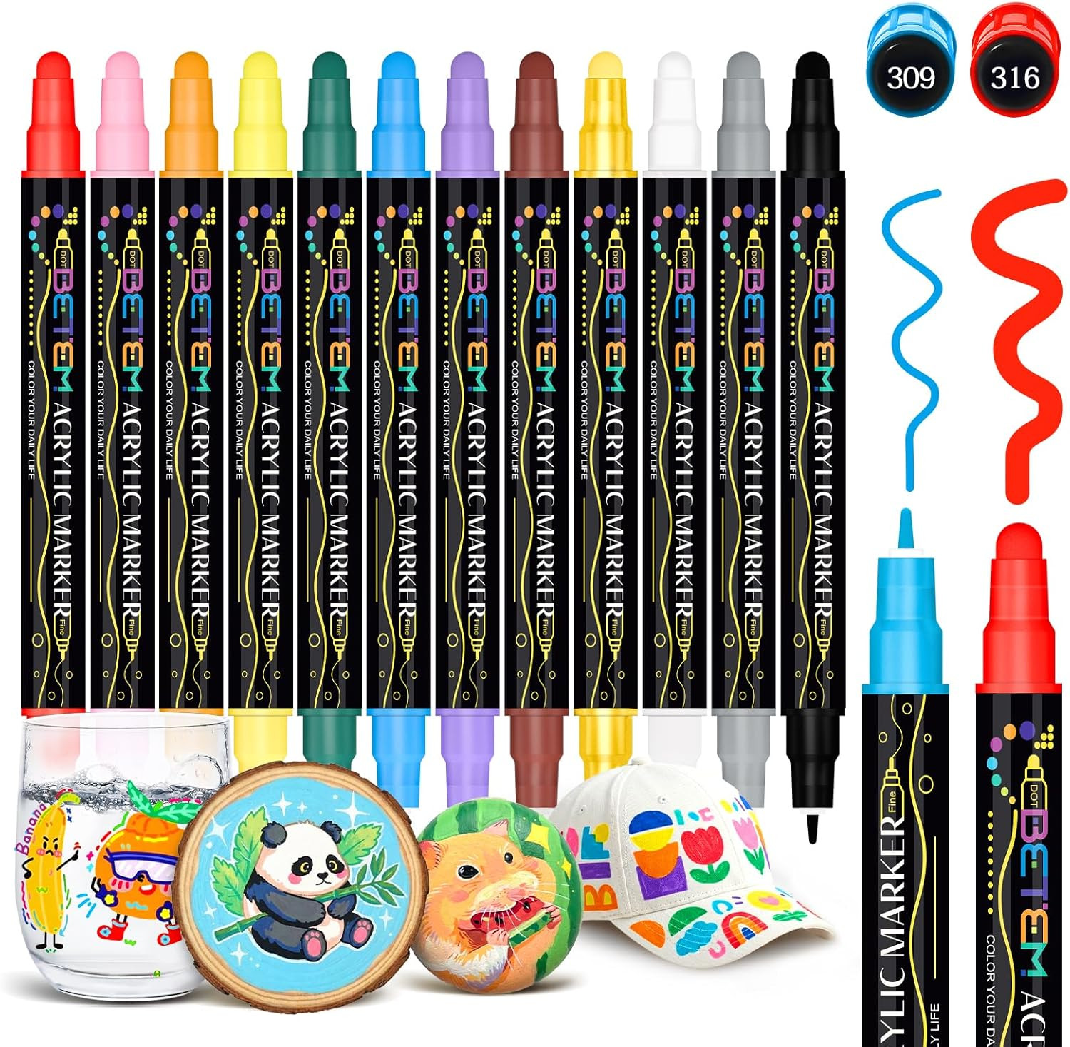 12 Colors Dual Tip Acrylic Paint Pens Markers, Premium Acrylic Paint Markers Sto