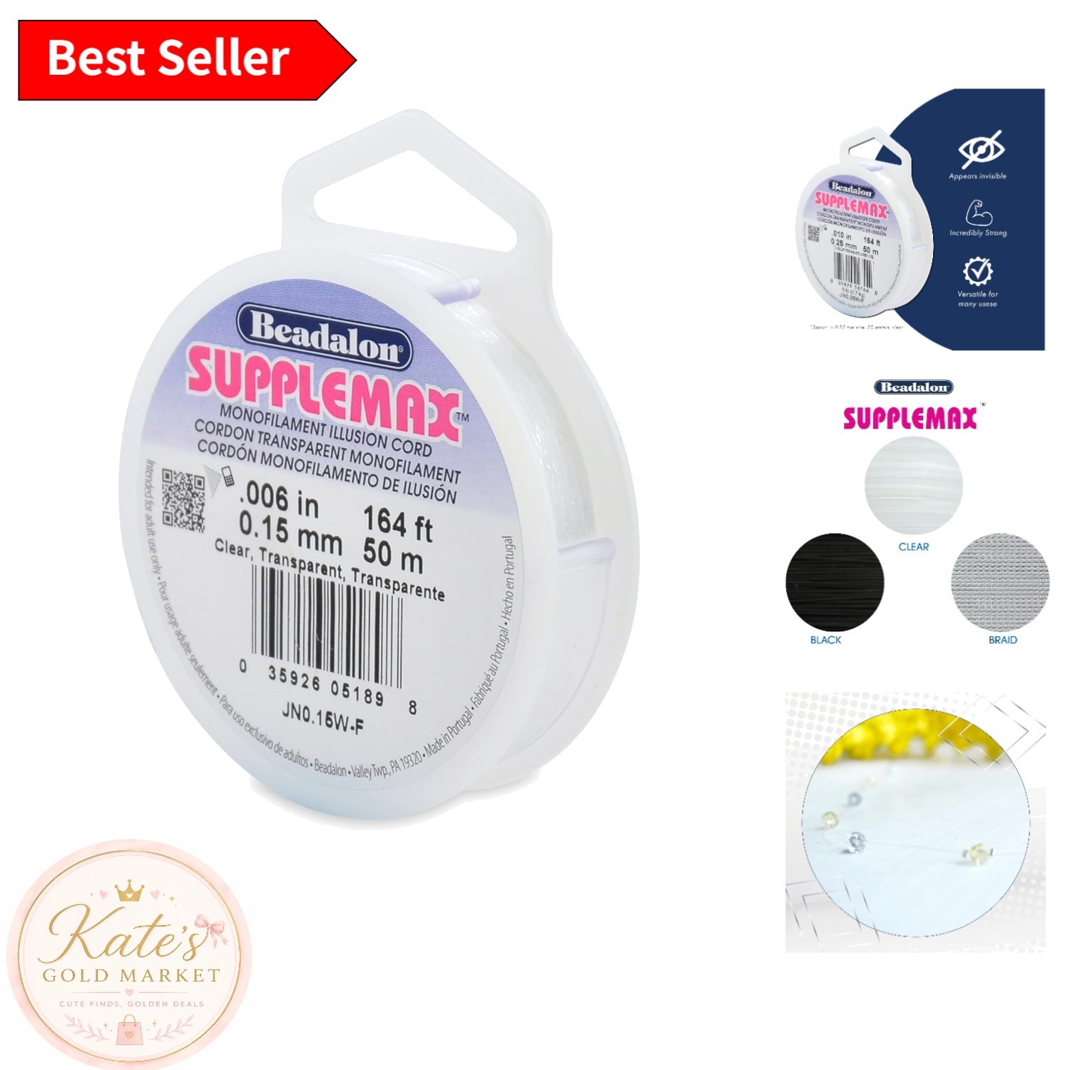 SuppleMax Illusion Beading Cord - 164ft Clear Nylon String for Jewelry & Crafts