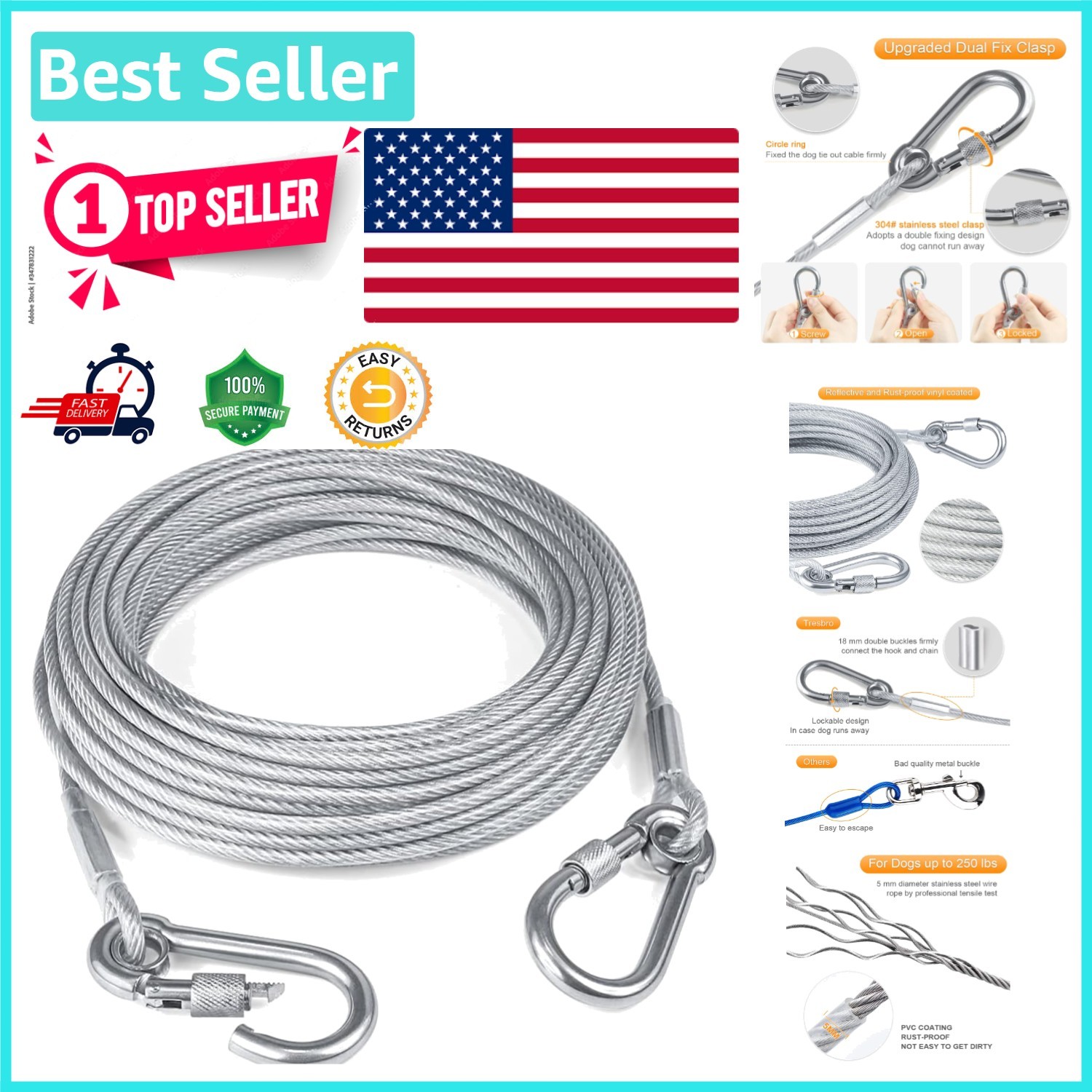 30FT Reflective Dog Tie Out Cable for Large Dogs Up to 250lbs - Ultra-Durable