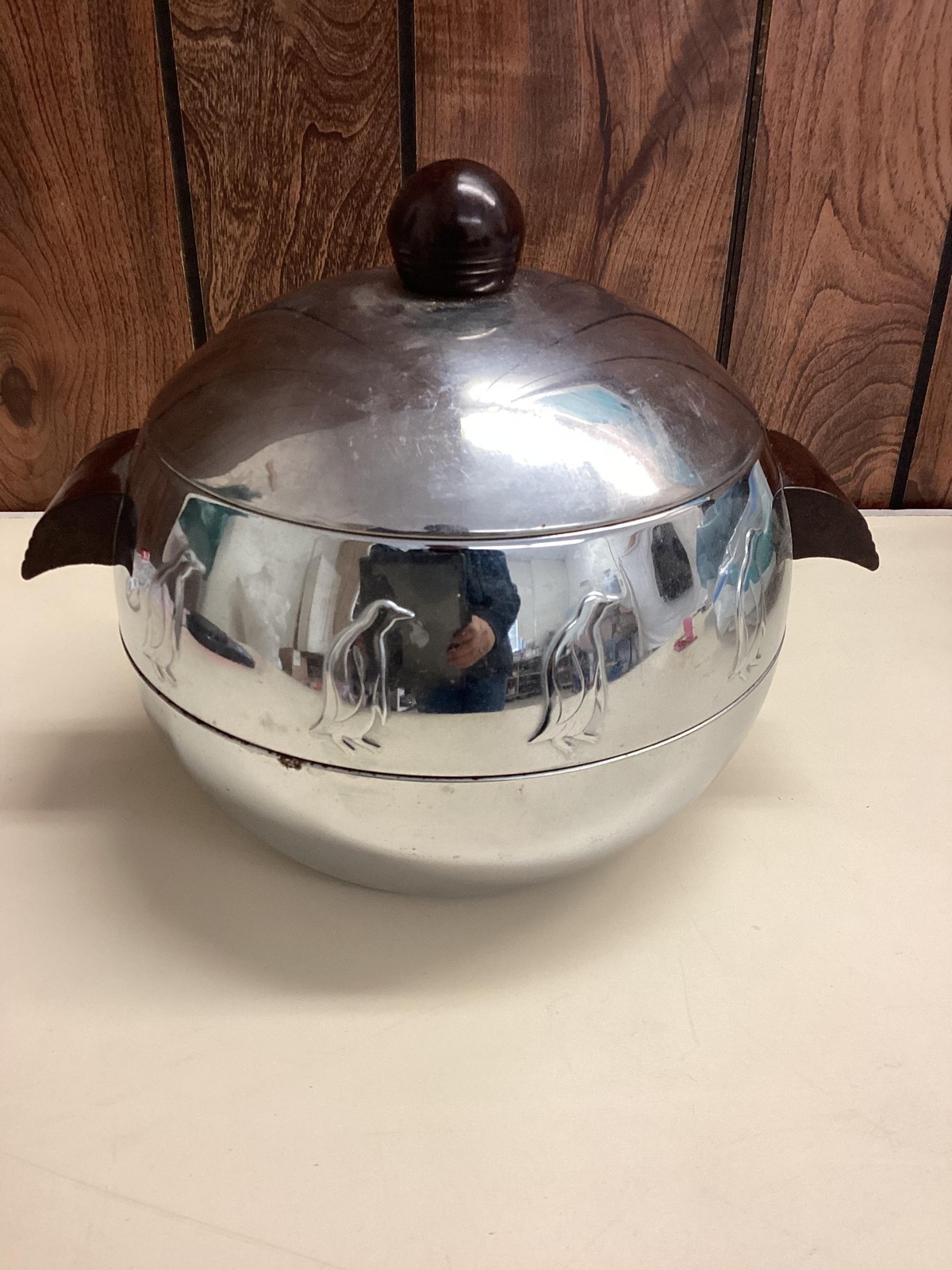 Vintage West Bend Penguin Hot Cold Server Ice Bucket Chrome Brown Handles