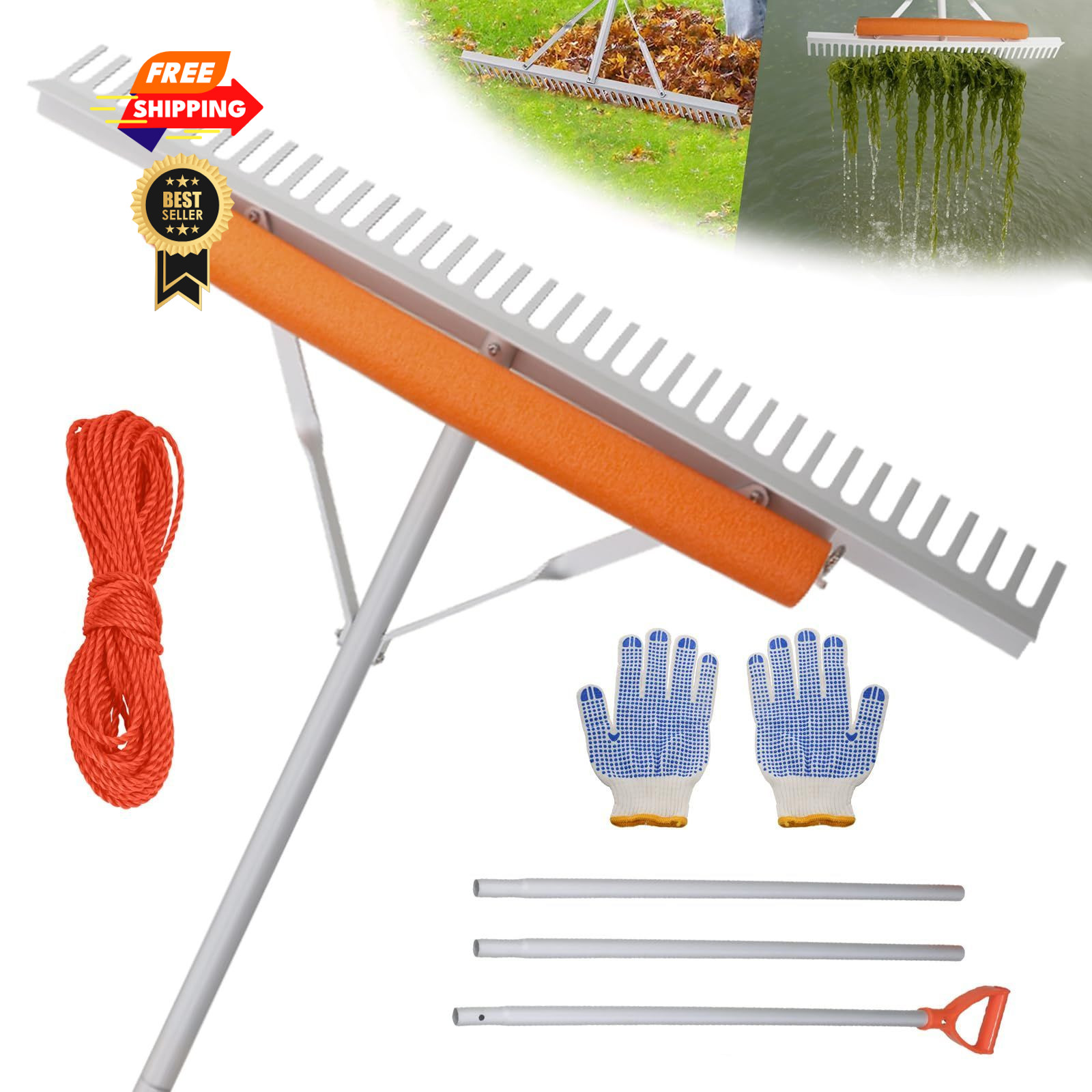 Fumingpal Floating Weed Lake Rake, 36 Inch Widths Pond Rake Aquatic Silver