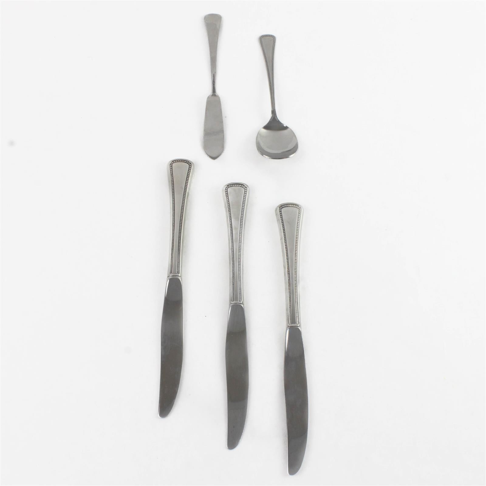 Lot of 5 Oneida Needlepoint Stainless 3 Knives Sugar Spoon & Butter Knife