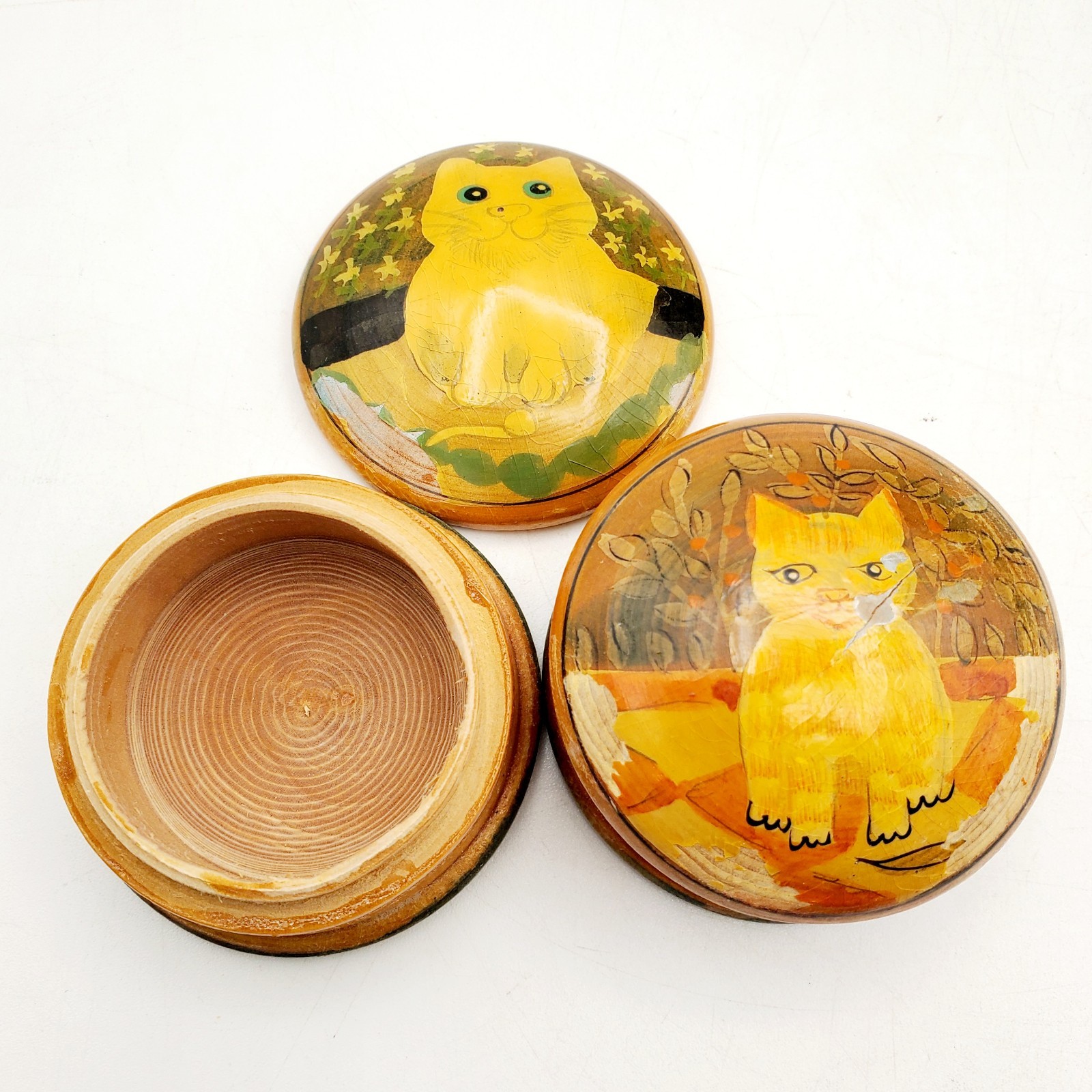 VTG Set Of 2 Authentic Models Turned Wood Cat Trinket Boxes Some Dents And Dings