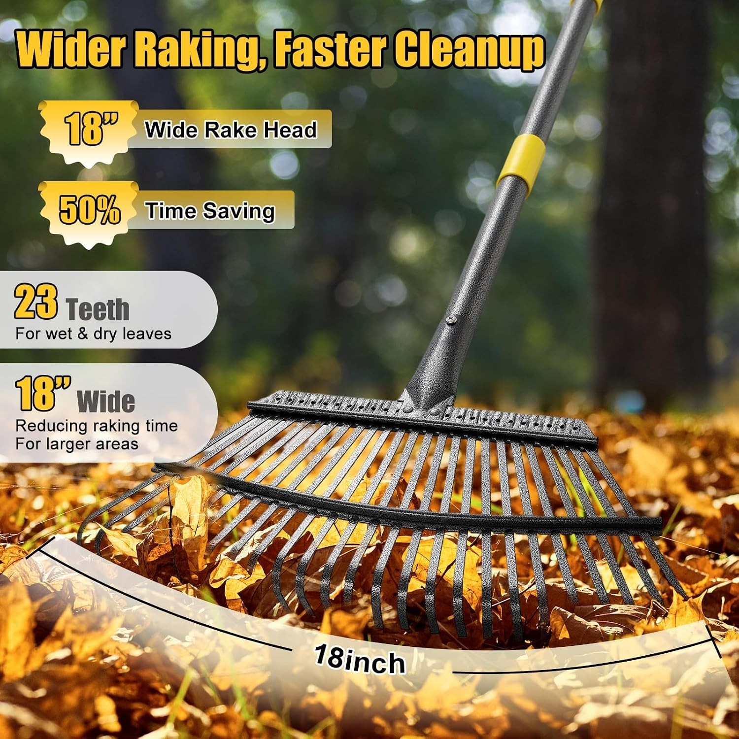 Garden Rake for Leaves: 18” Wide Metal Leaf Rake, 65” Long Adjustable Handle,...
