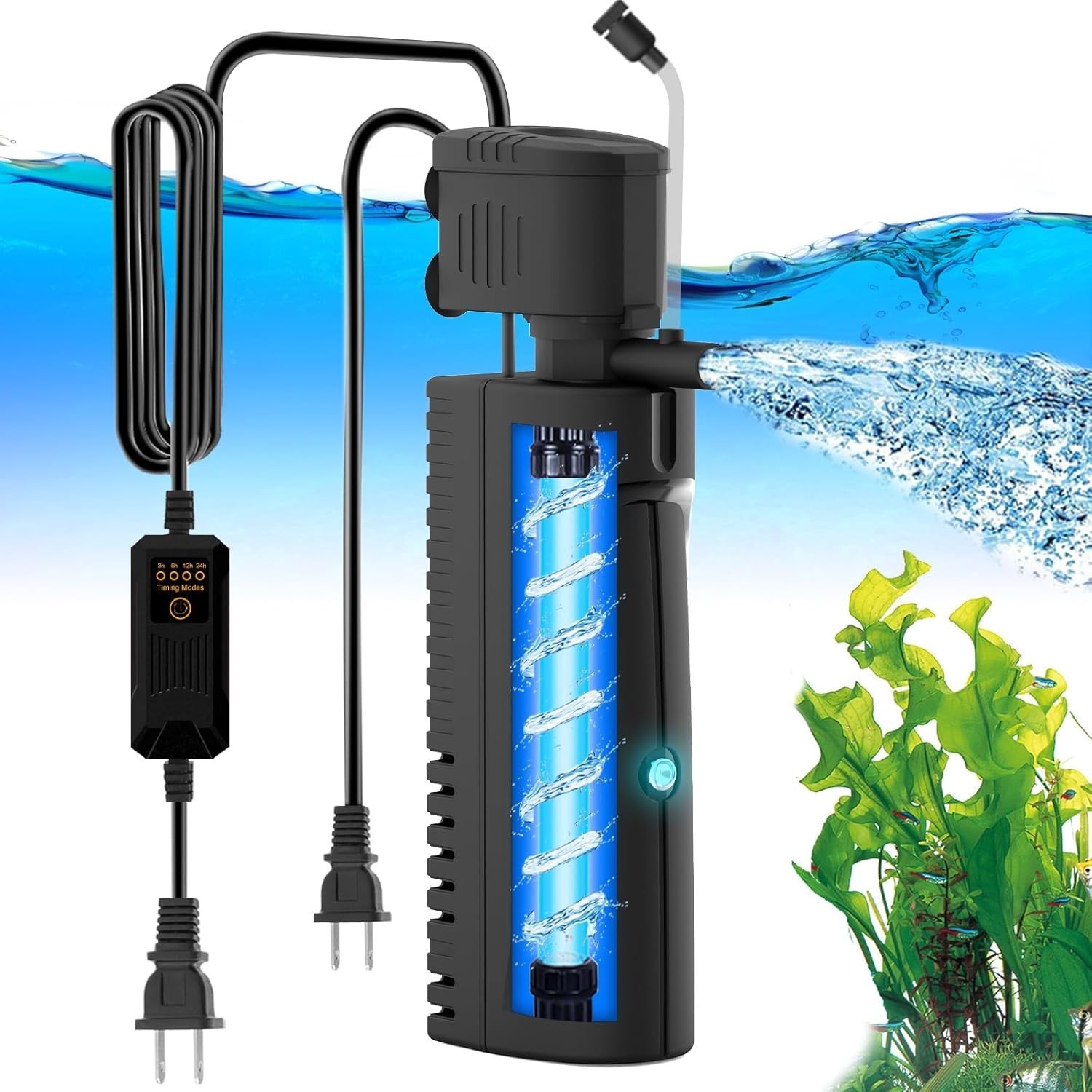 Filtro acuario con luz UV y esponja prefiltro temporizador para 20 a 70 galones