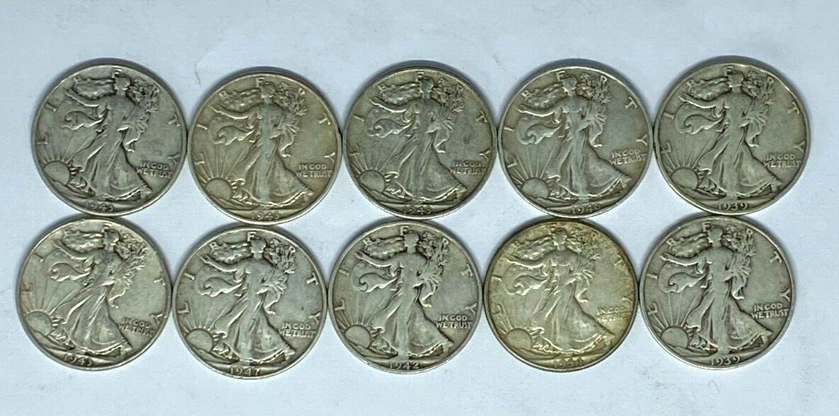 Walking Liberty Half Dollars  -  10 coins