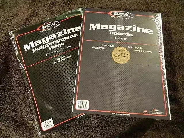 100  BCW 2-Mil Magazine Poly Bags & Magazine Size Boards Acid Free Safe Storage