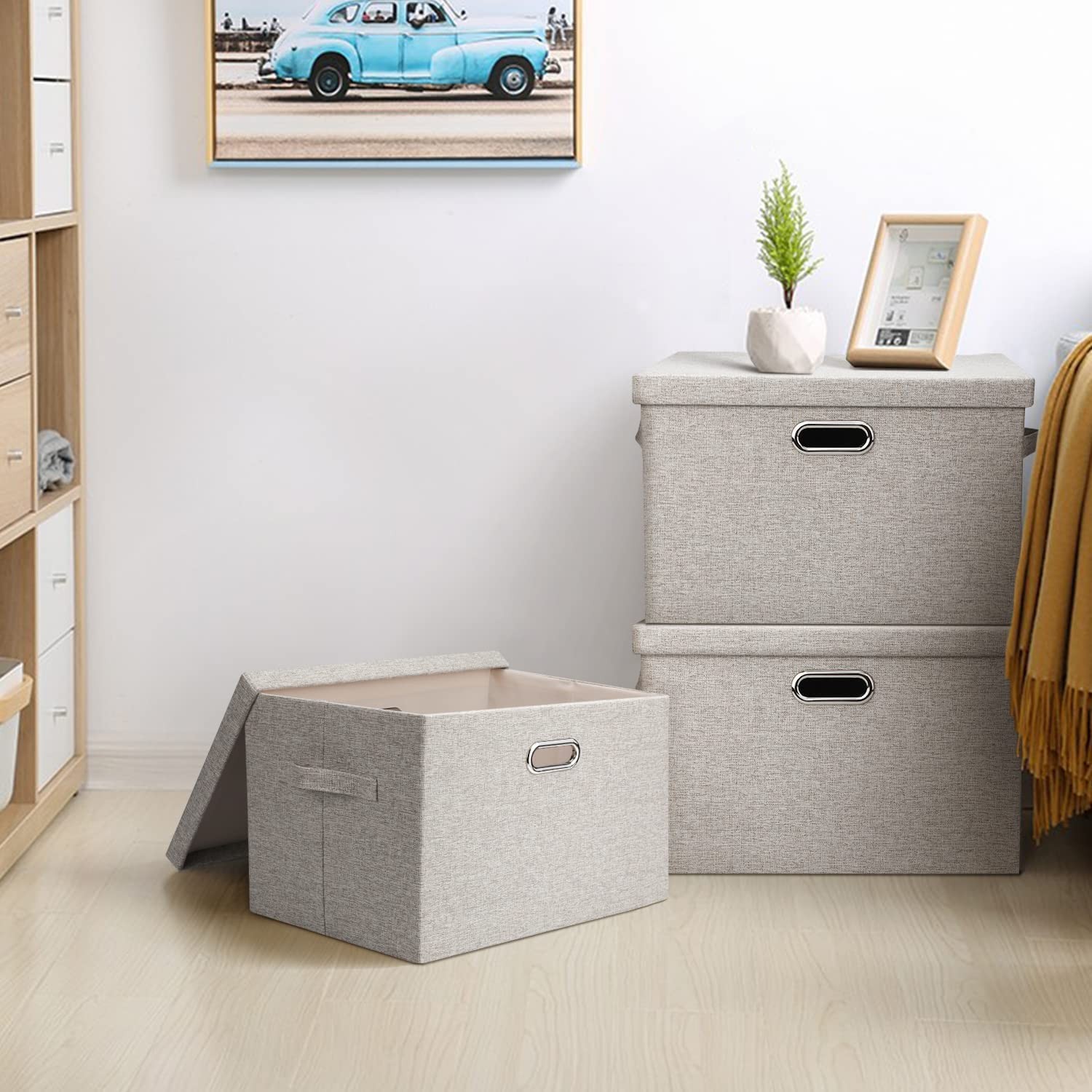 Large 17" 36 Quart Collapsible Stackable Storage Bins with Lids, 5 Packs Beig...