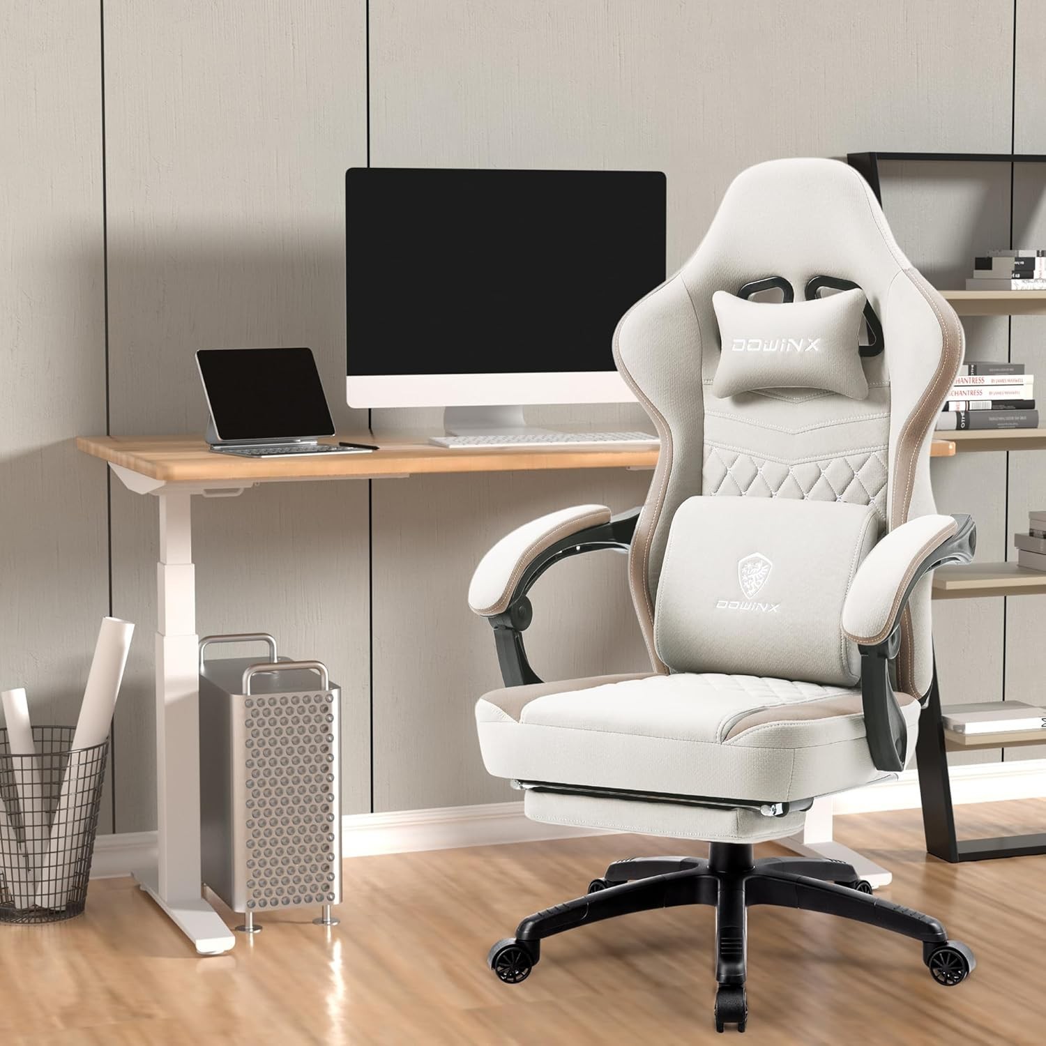 Luxurious Beige Gaming Chair with Multiple Recline Positions & Massage Support